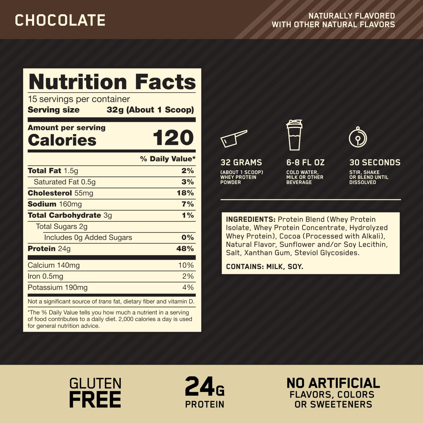 Optimum Nutrition Gold Standard 100% Whey Protein Powder, Naturally Flavored Chocolate, 16.93 oz