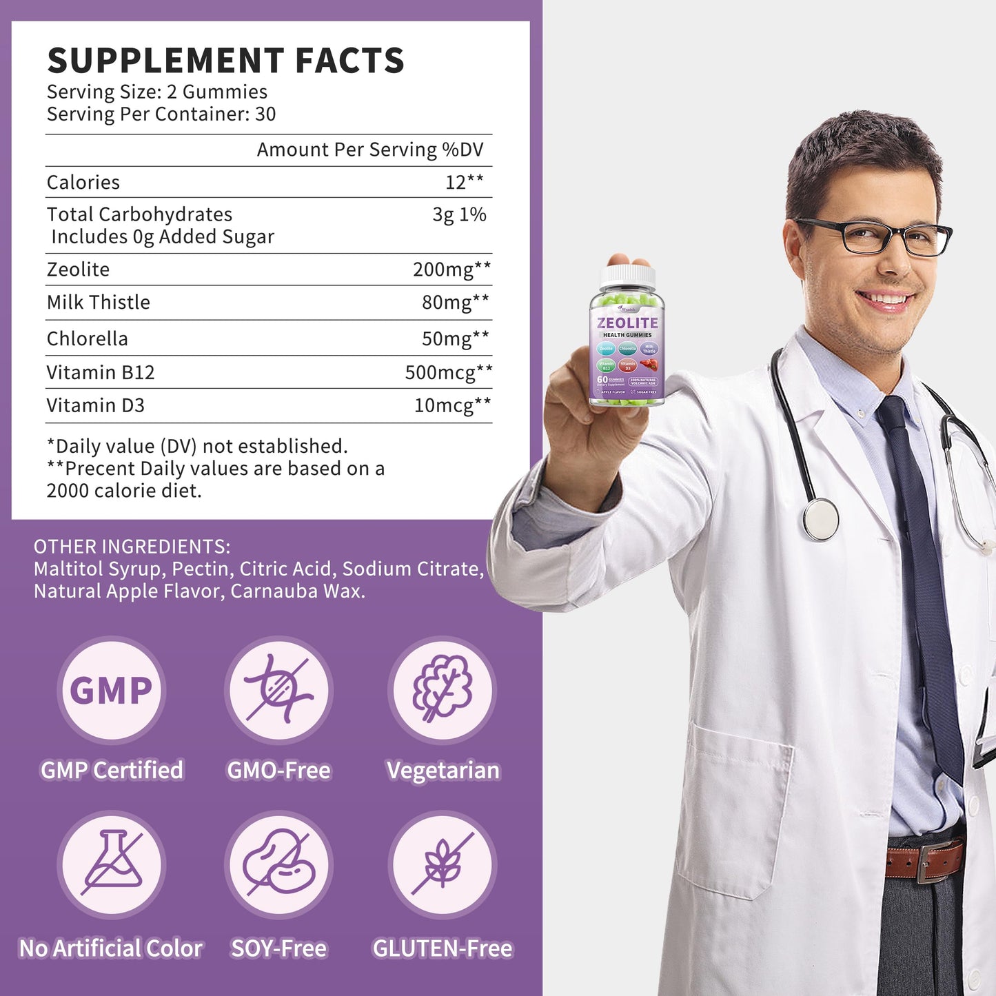 Wanish Zeolite Gummies for Adults with Clinoptilolite, Chlorella, Milk Thistle & Vitamins, 60 Gummies