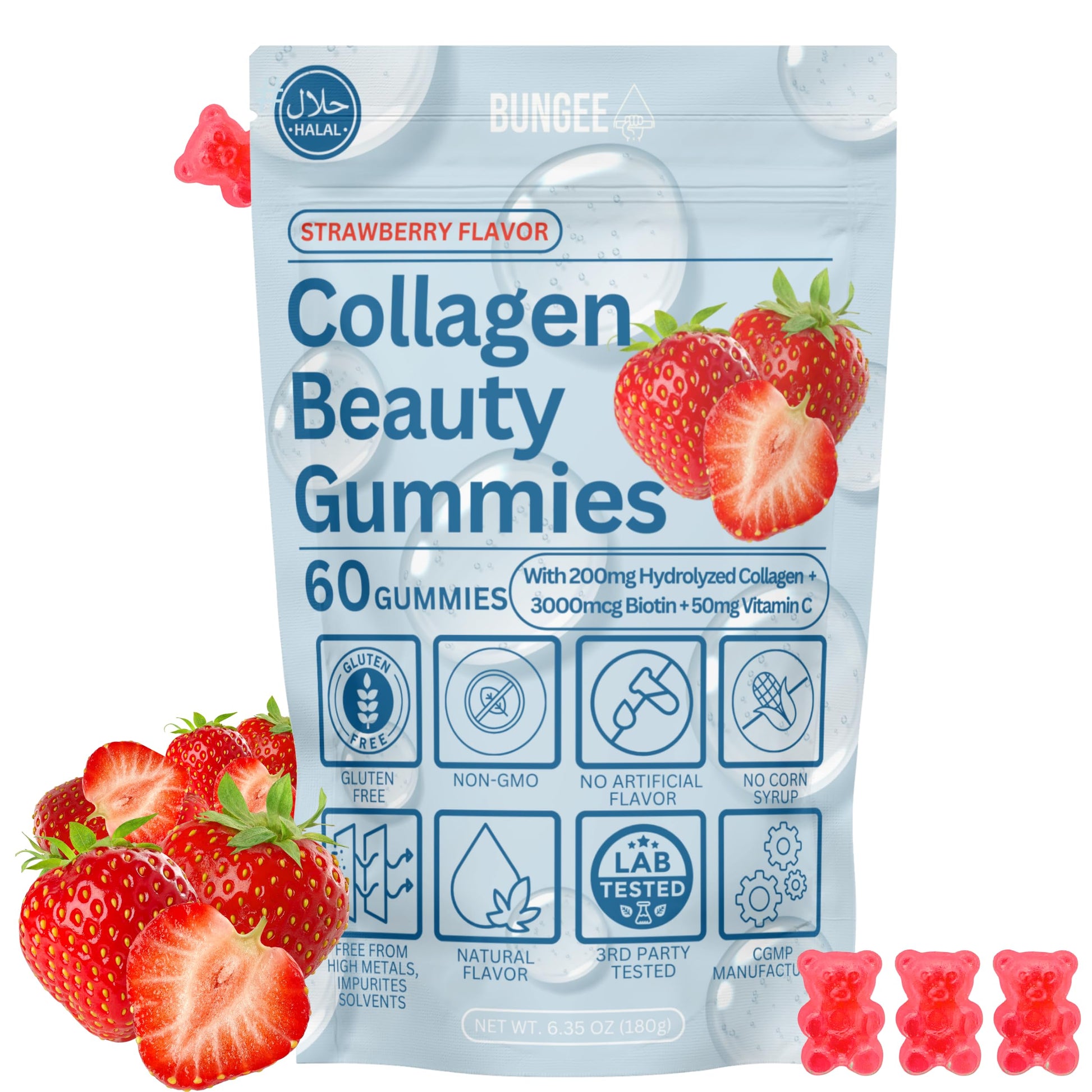 BUNGEE Collagen Beauty Gummies Strawberry Flavor Chewable 60 Gummies