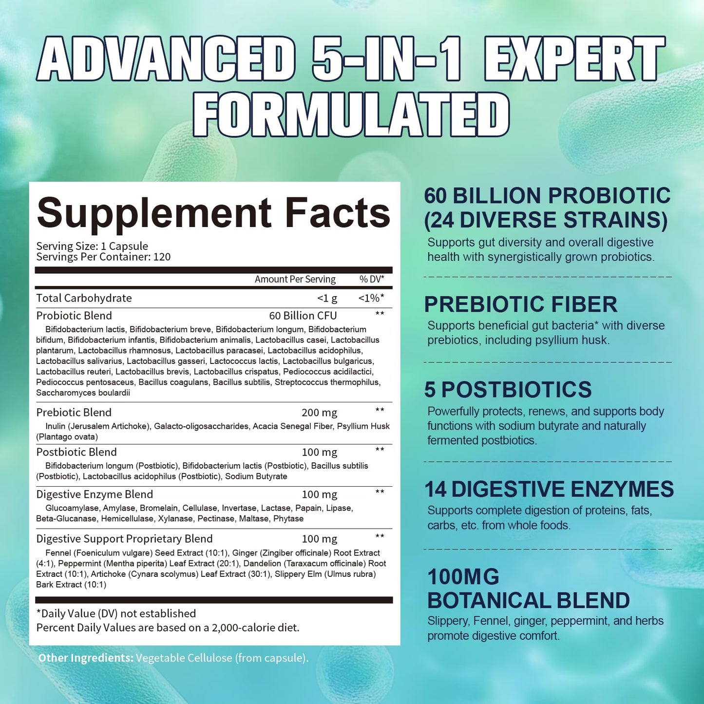 Totaria 5-in-1 Probiotic Prebiotic & Postbiotic 60 Billion CFU Capsules 120 Count
