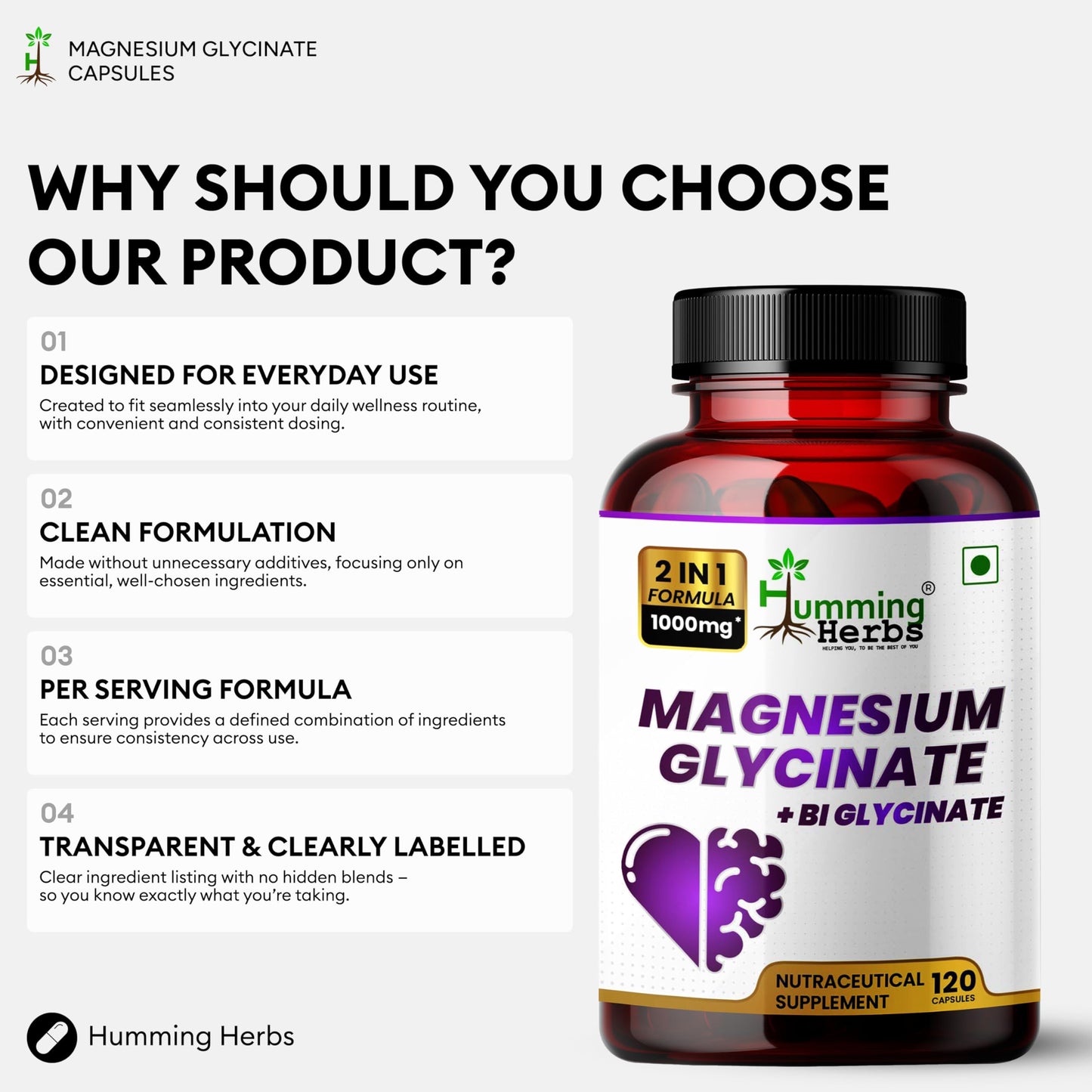Humming Herbs Magnesium Glycinate & Bisglycinate – 200 mg Elemental per Serving, 120 Capsules