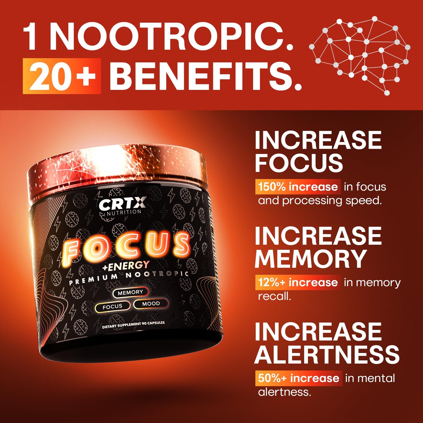 CRTX Nutrition Nootropic Strongest Focus Supplement 90 Capsules
