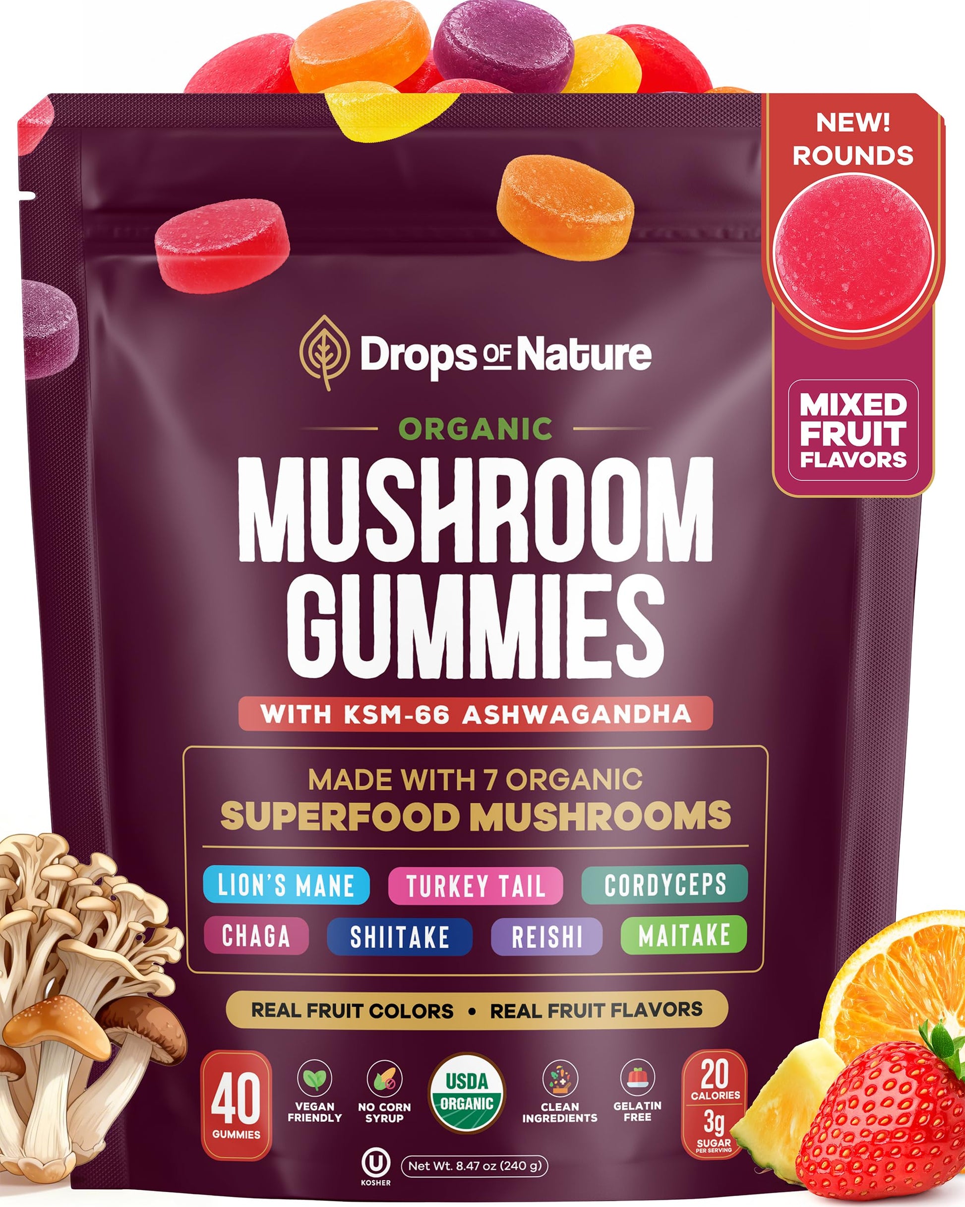 Drops Of Nature Ashwagandha & Mushroom Gummies Mixed Berry, 40 Count