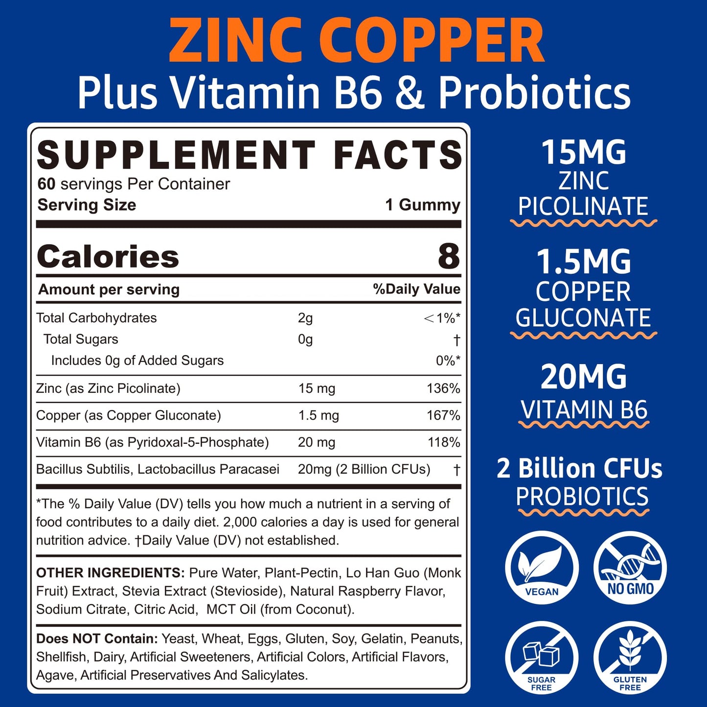 NEVISS Zinc Picolinate Gummies with Copper + Probiotics, Vitamin B6 for Max Absorption, Vegan, 120 Gummies