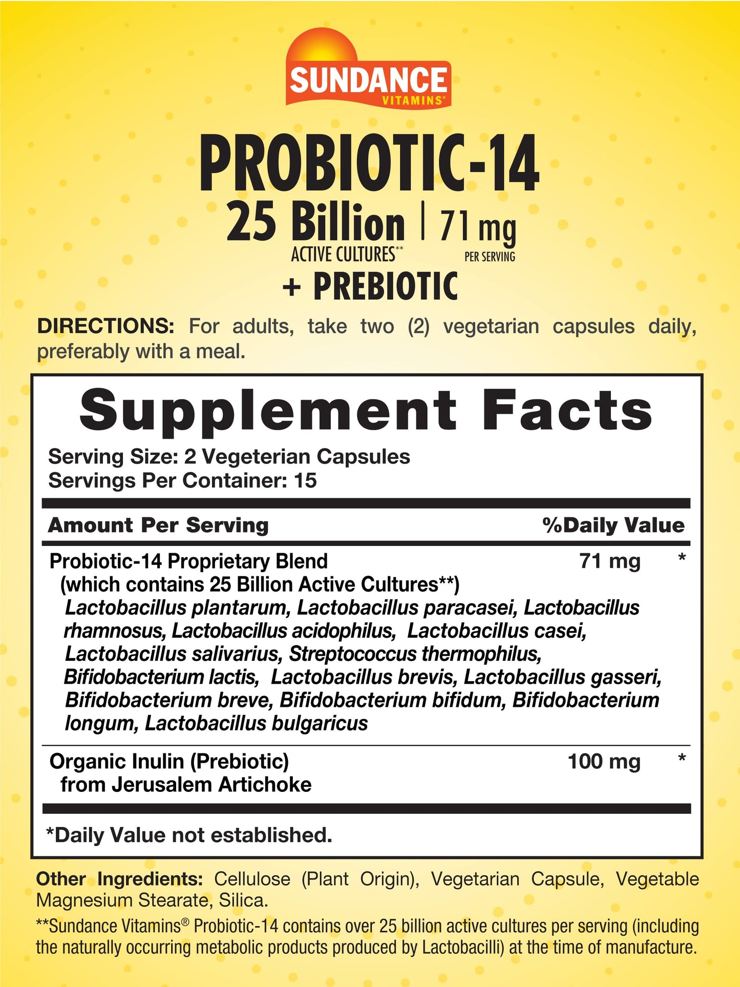 Sundance Probiotic-14 Capsule 30 Count, 25 Billion Cultures, with Prebiotics