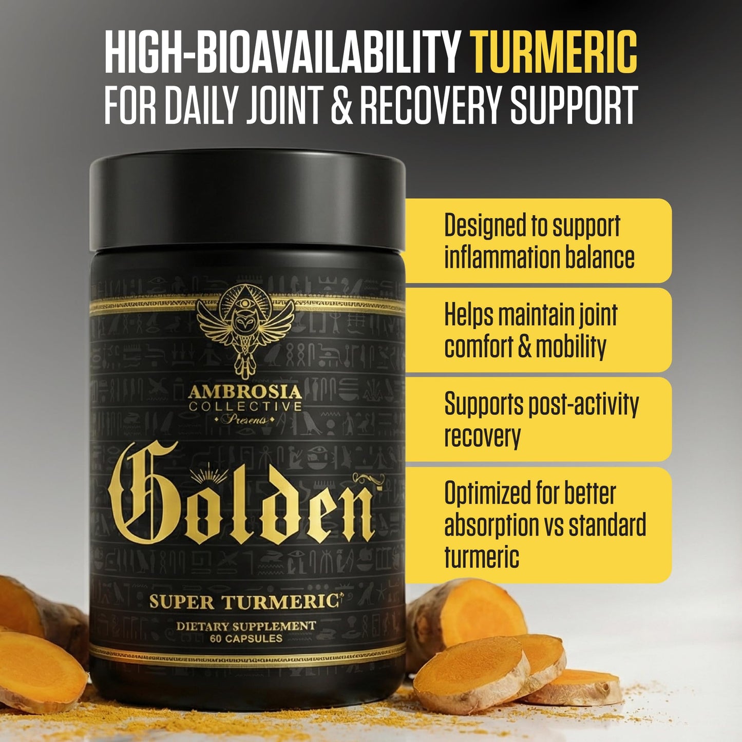 Ambrosia Golden Super Turmeric Bioavailable Curcumin HydroCurc Gut, Brain & Joint Support 765mg Active Curcuminoids Capsules 60 Count