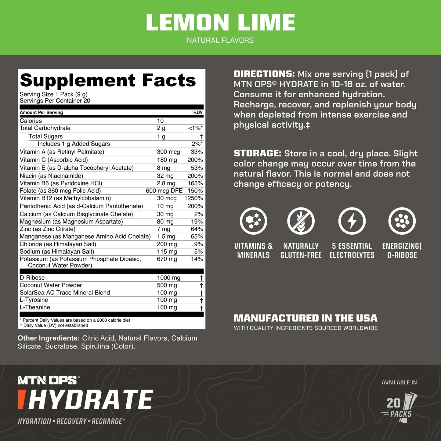 MTN OPS Hydrate Sugar Free Electrolyte Powder Lemon Lime, 6 Packets