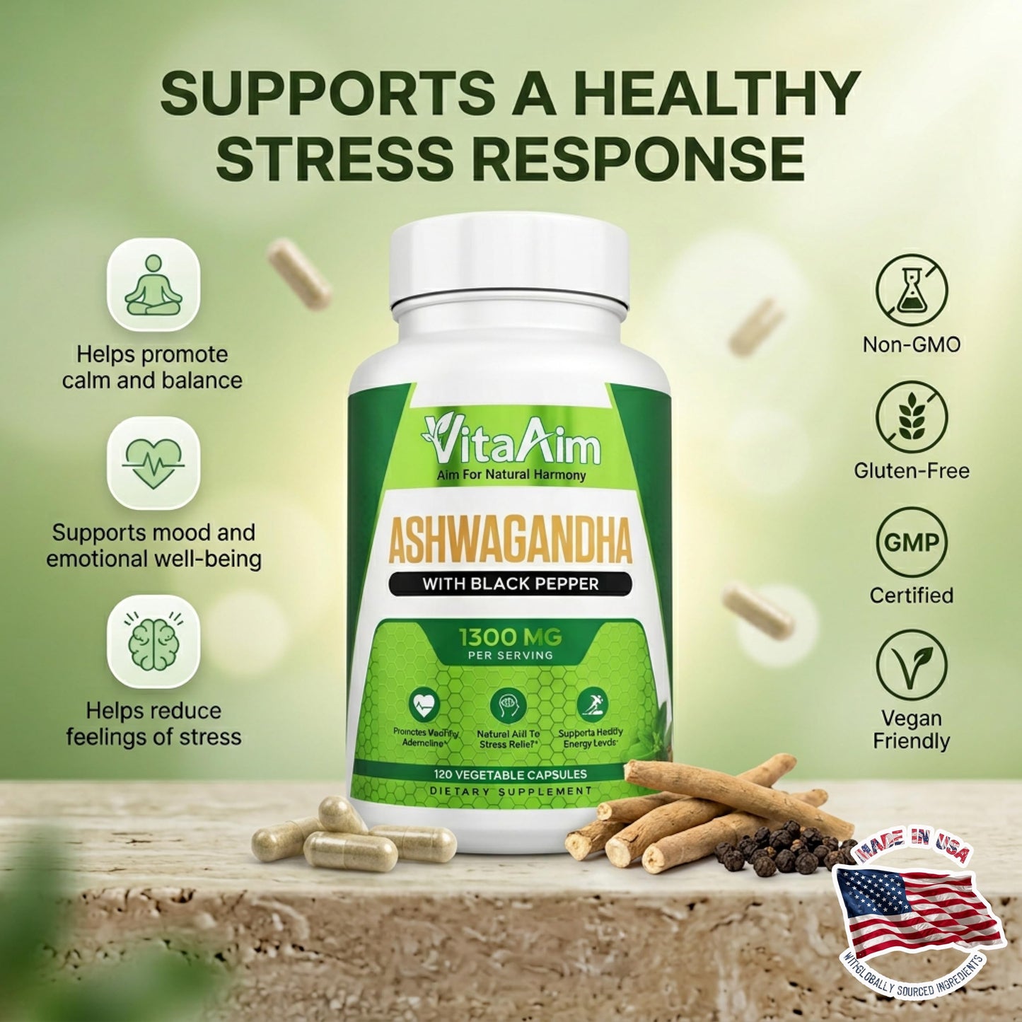 VitaAim Ashwagandha Supplement with Black Pepper 1300mg Capsule, 1 Count