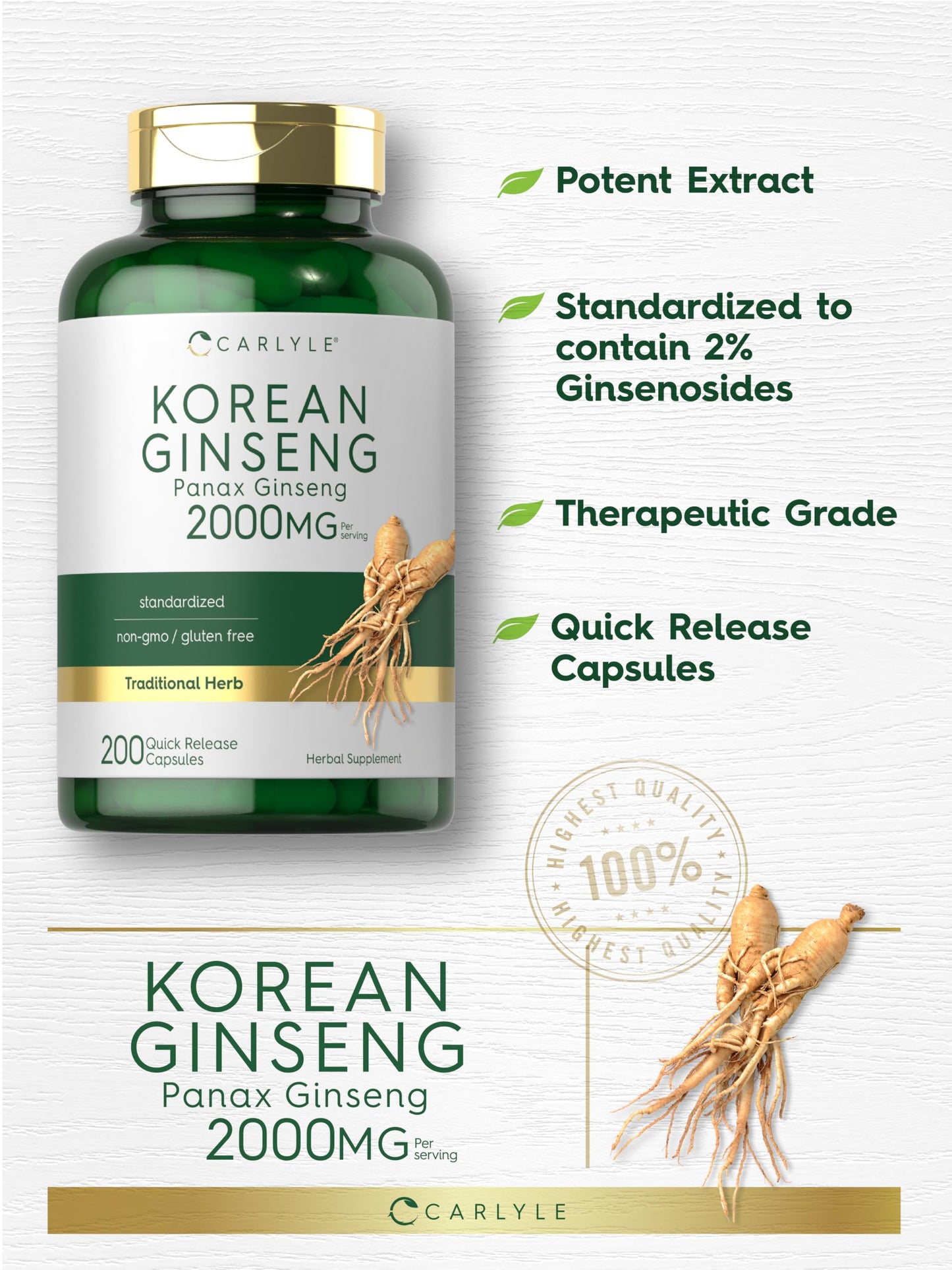 Carlyle Korean Ginseng Capsules, 200 Count
