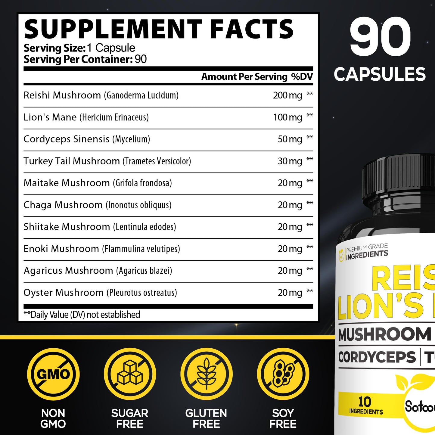 Satoomi Reishi Supplement Complex 5000mg 10-in-1 with Lions Mane, Cordyceps Sinensis, Chaga Mushroom & Others, 90 Capsules