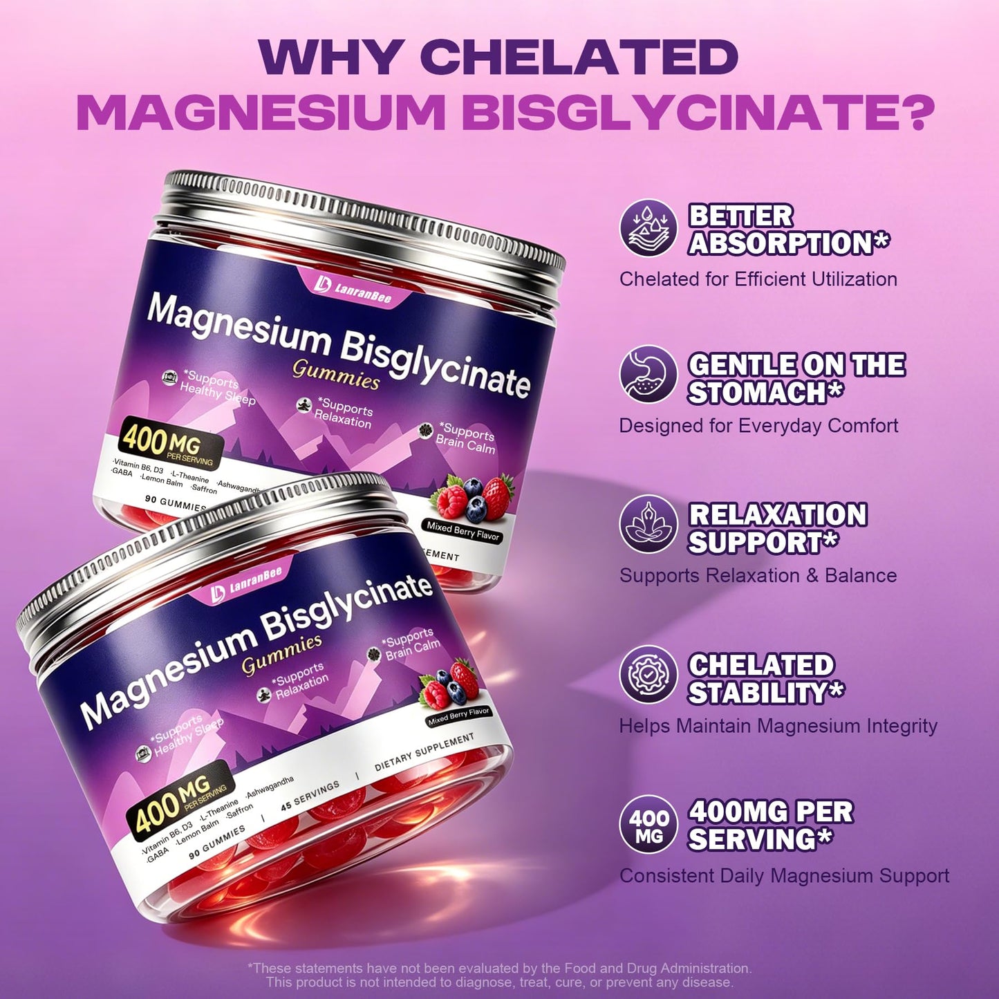 LanranBee Magnesium Bisglycinate Chelate Gummies 400mg, 180 Count