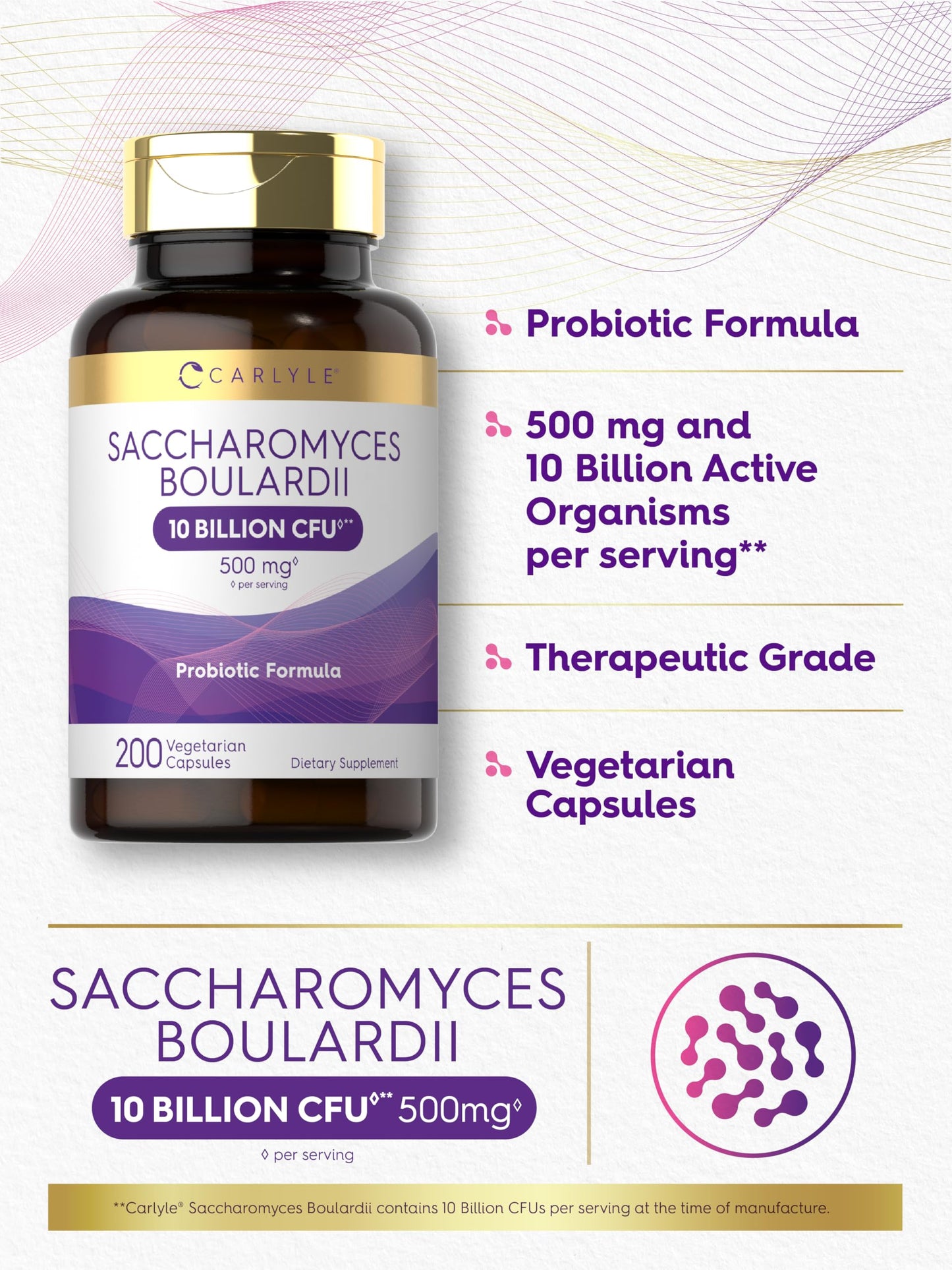 Carlyle Saccharomyces Boulardii Probiotics & Prebiotics 10 Billion CFUs Capsules 200