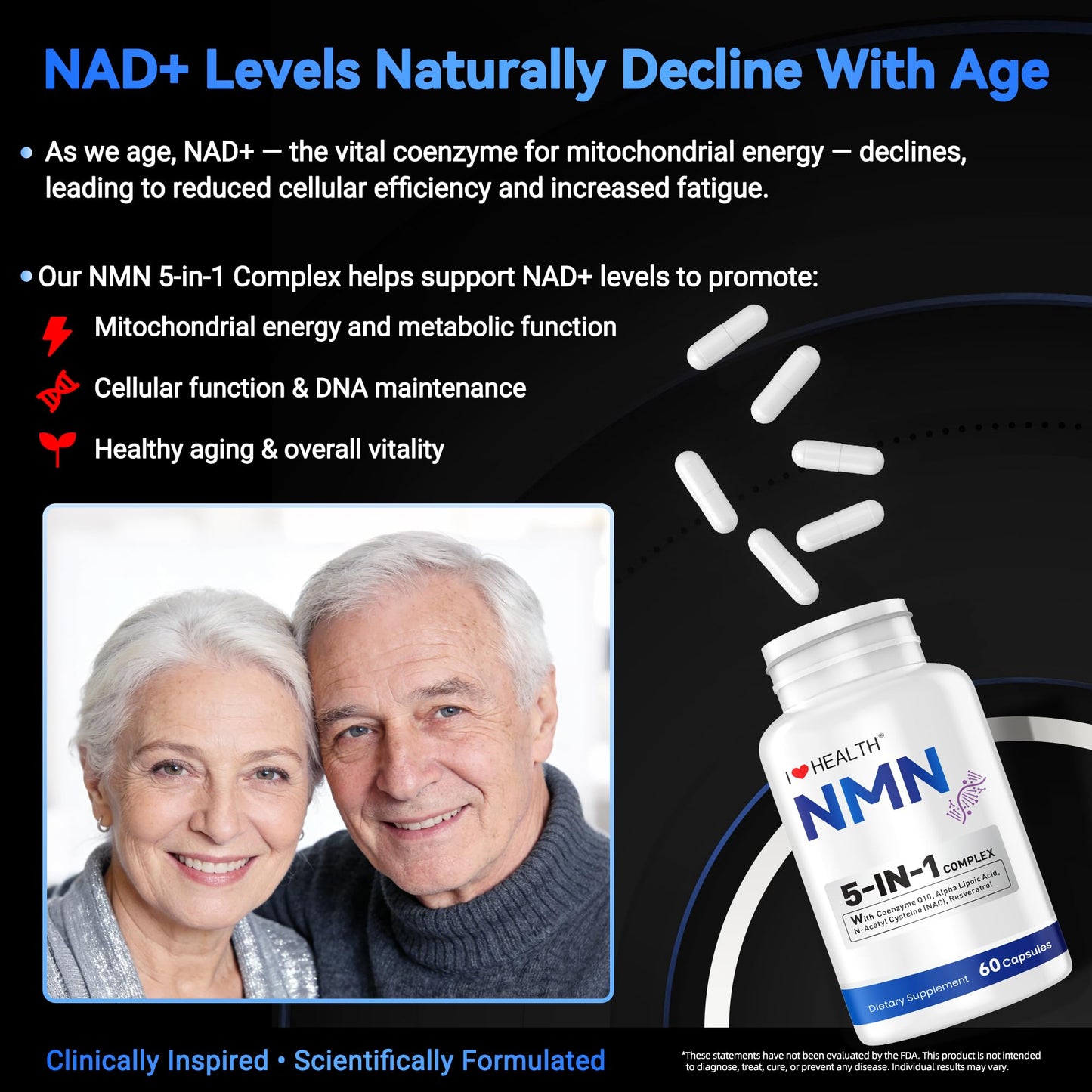 I LOVE HEALTH NMN Supplement, 5-in-1 Complex with NAC, Alpha Lipoic Acid, CoQ10 & Resveratrol - High Absorption Anti Aging Formula - 60 Capsules