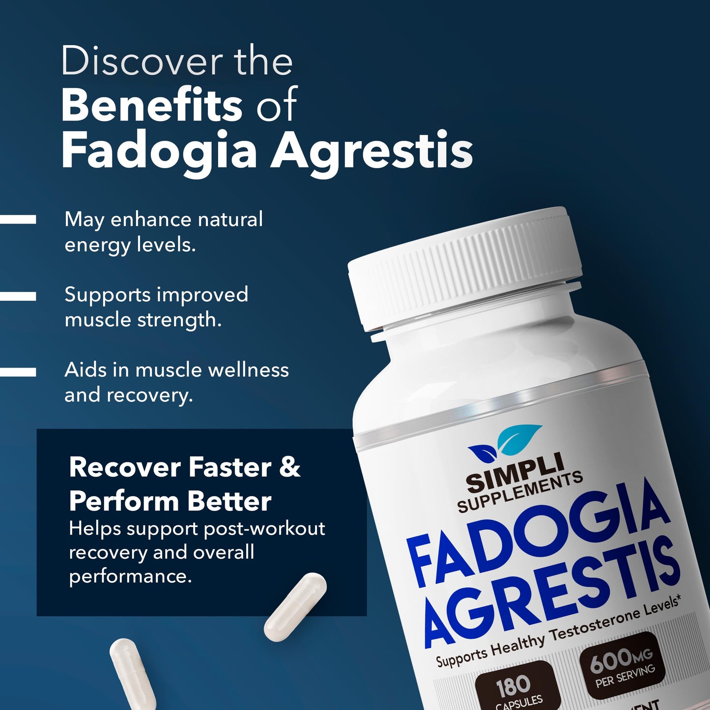 Simpli Supplements Fadogia Agrestis 600mg for Natural Testosterone Support, 180 Capsules