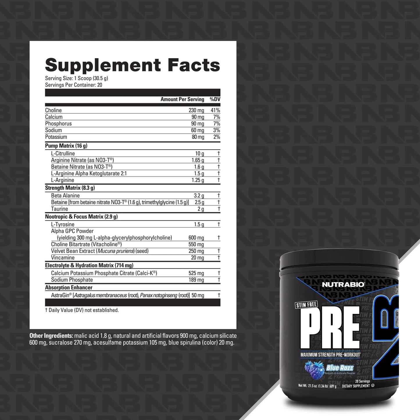 NutraBio STIM-Free PRE Workout for Men Powder, 20 Servings Blue Razz