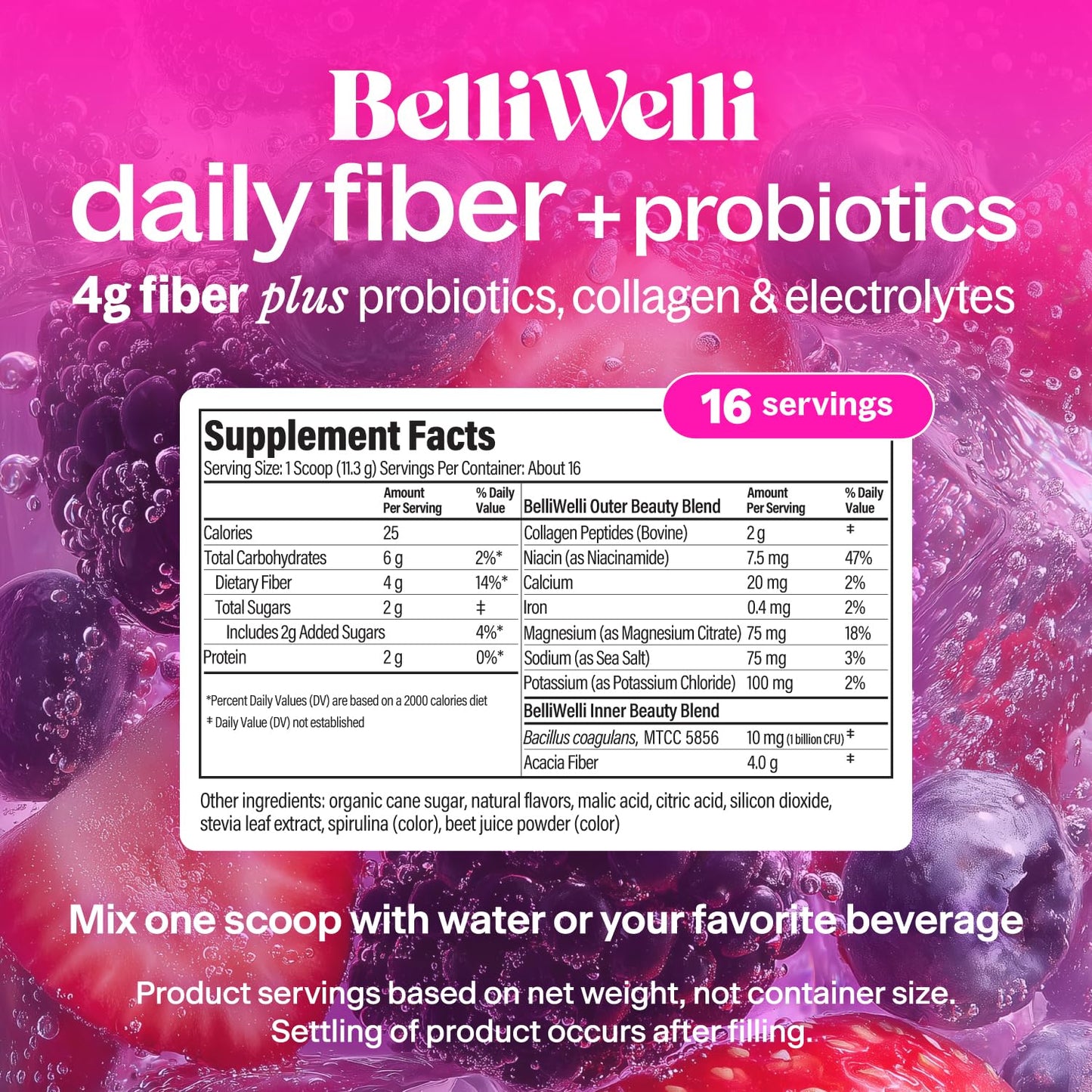 Belli Welli Fiber Supplement Powder with Prebiotics for Digestive Health and GLP-1 Support, 6.4 oz