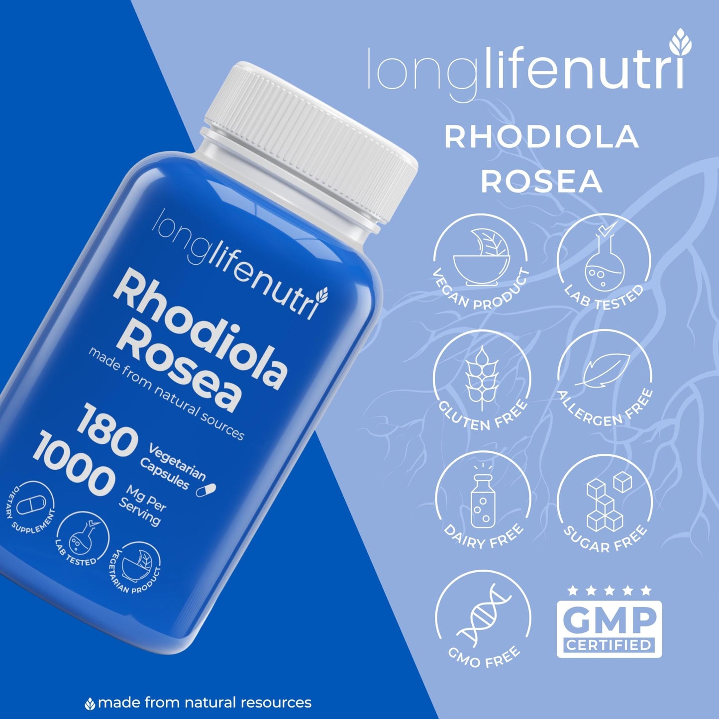 LongLifeNutri Rhodiola Rosea 1000mg Vegetarian Capsules, 180 Count