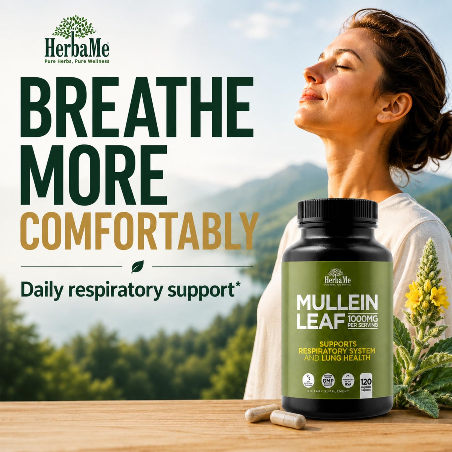 HerbaMe Mullein Leaf 1000mg Capsules, 120 Count
