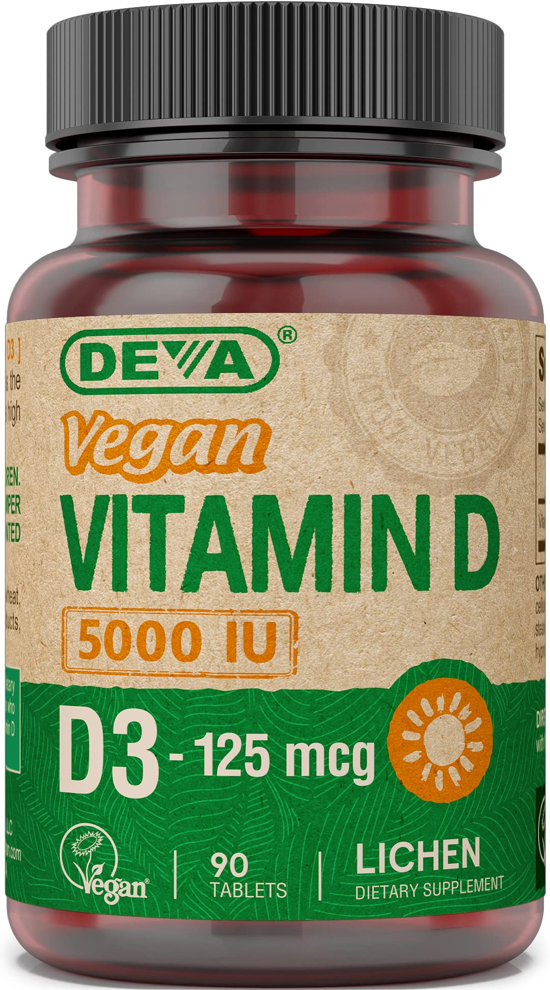 DEVA Vitamin D3 5000 IU (125 mcg) Vegan D3 Sunshine Supplement, 90 Tablets