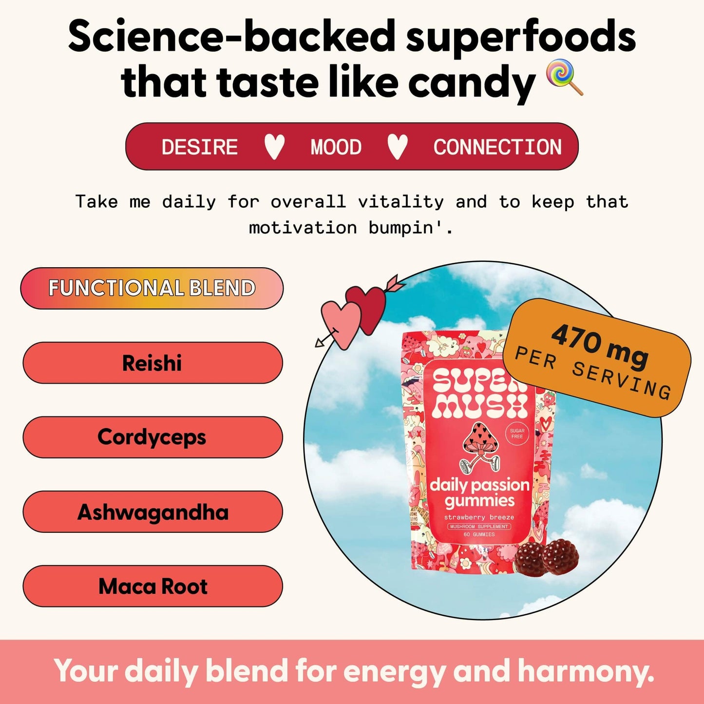 SuperMush Daily Passion Horny Goat Weed Gummies, 60 Count