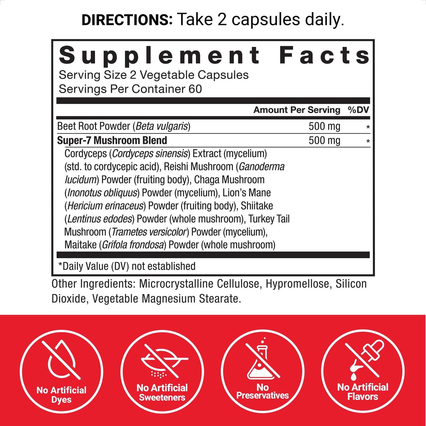 Force Factor Beetroot + Mushrooms Supplement Capsule 120 Count