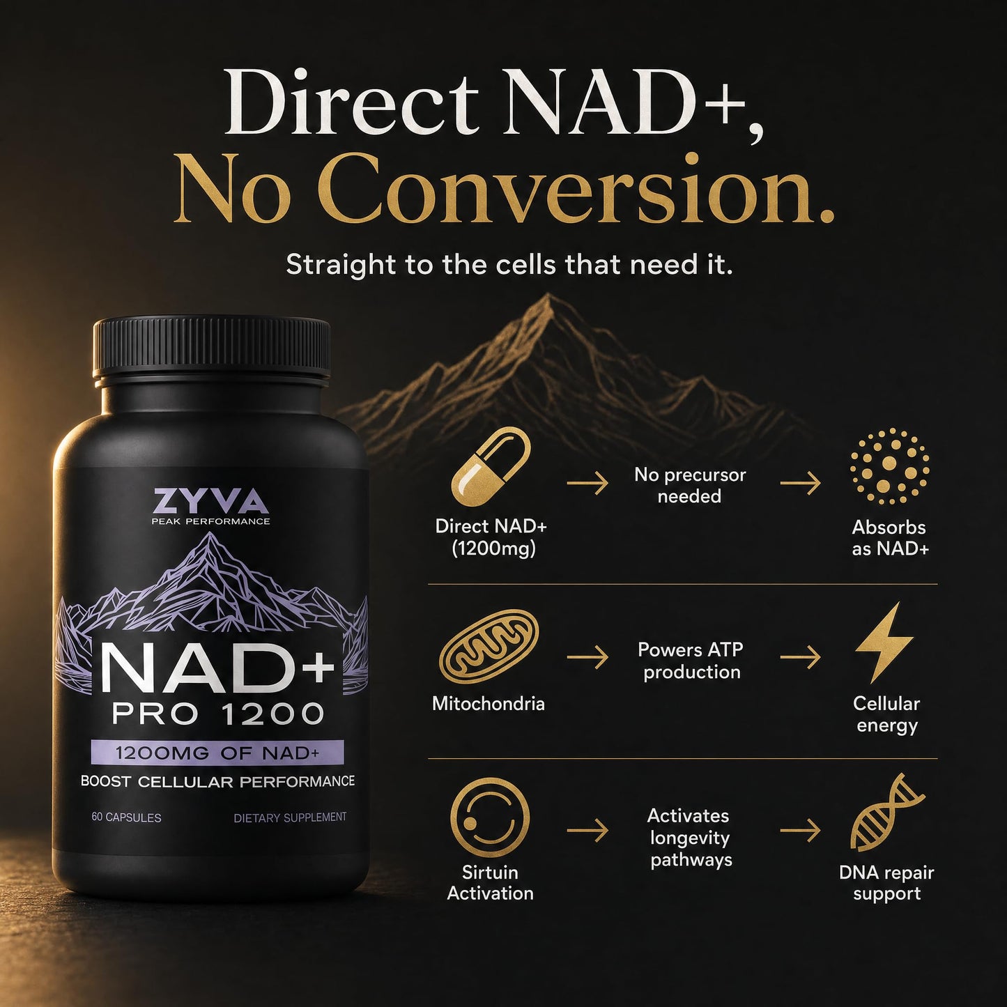 ZYVA Scientific NAD+ Pro 1200 High-Dose Direct NAD Plus Supplement, 60 Capsules