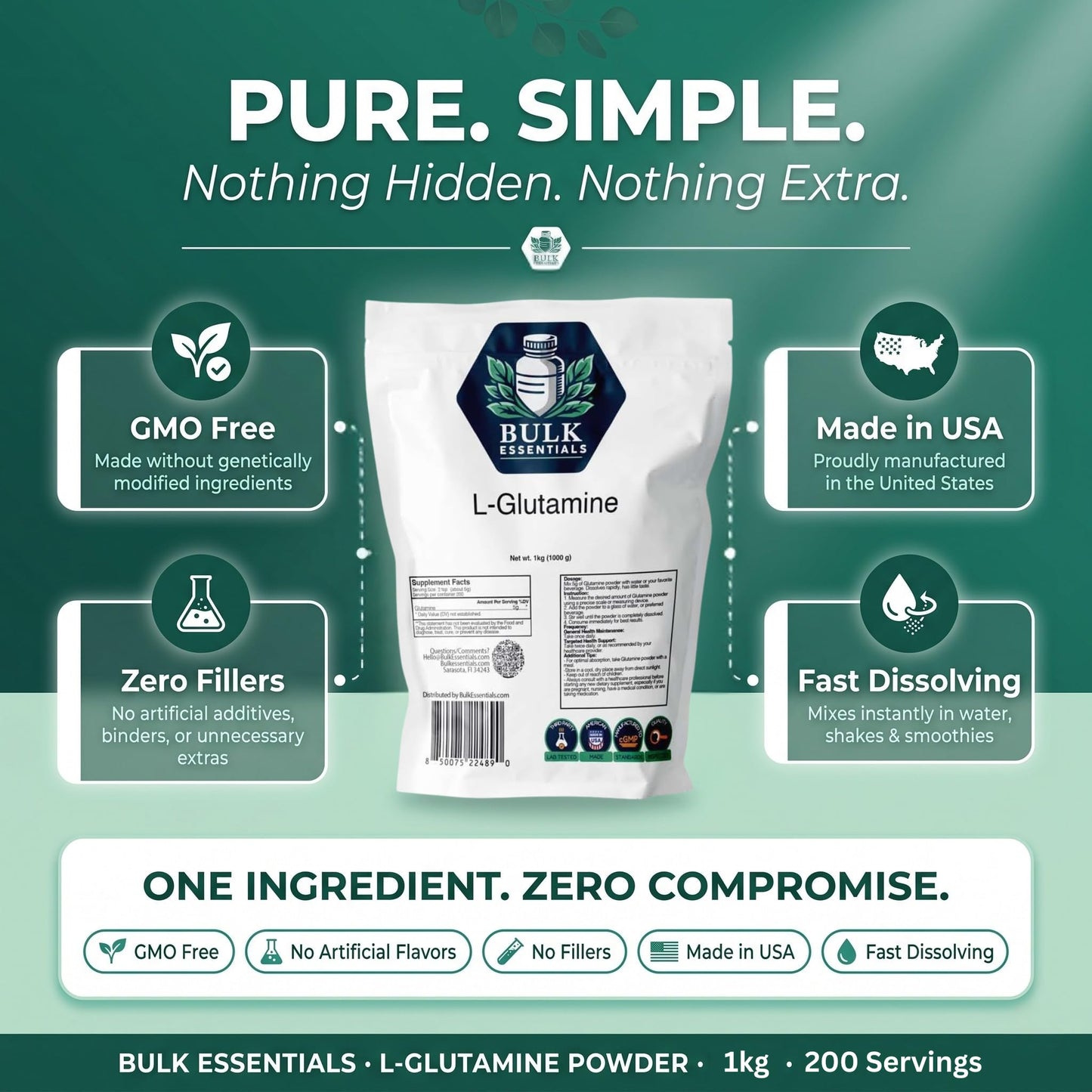 Bulk Essentials L-Glutamine Powder Supplement, 5g Per Serving, 1kg