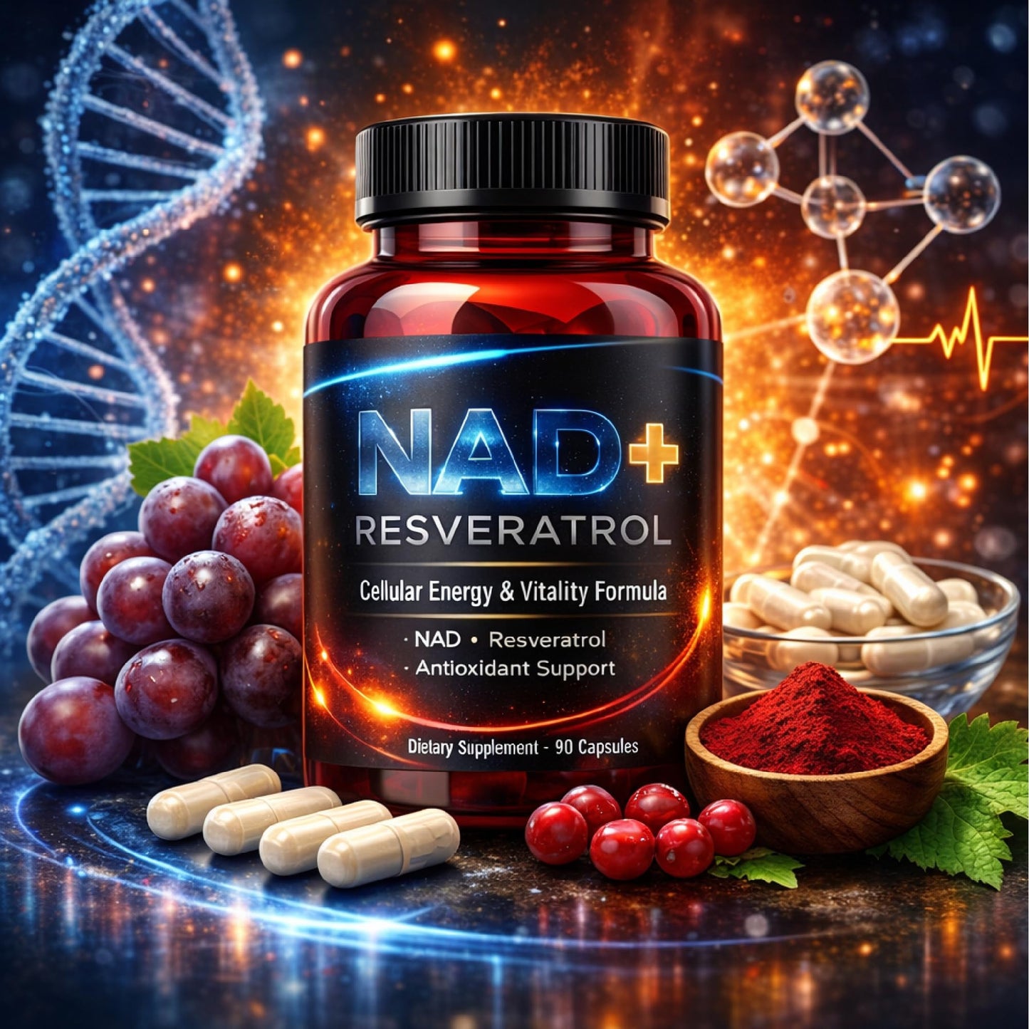 VITAMISAN NAD+ Resveratrol with NMN, NR & CoQ10 – Cellular Energy Support, Anti-Aging & Antioxidant Formula – Stem Cell & Nicotinamide Supplement, 90 Capsules