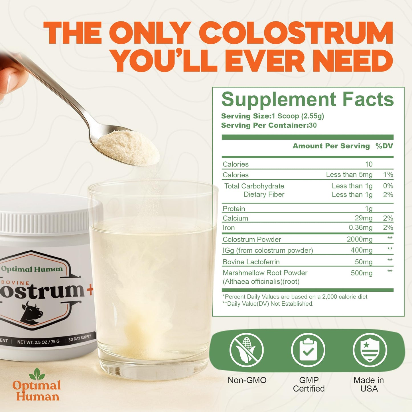 O H Optimal Human Bovine Colostrum Powder with Marshmallow Root, 2.5 oz