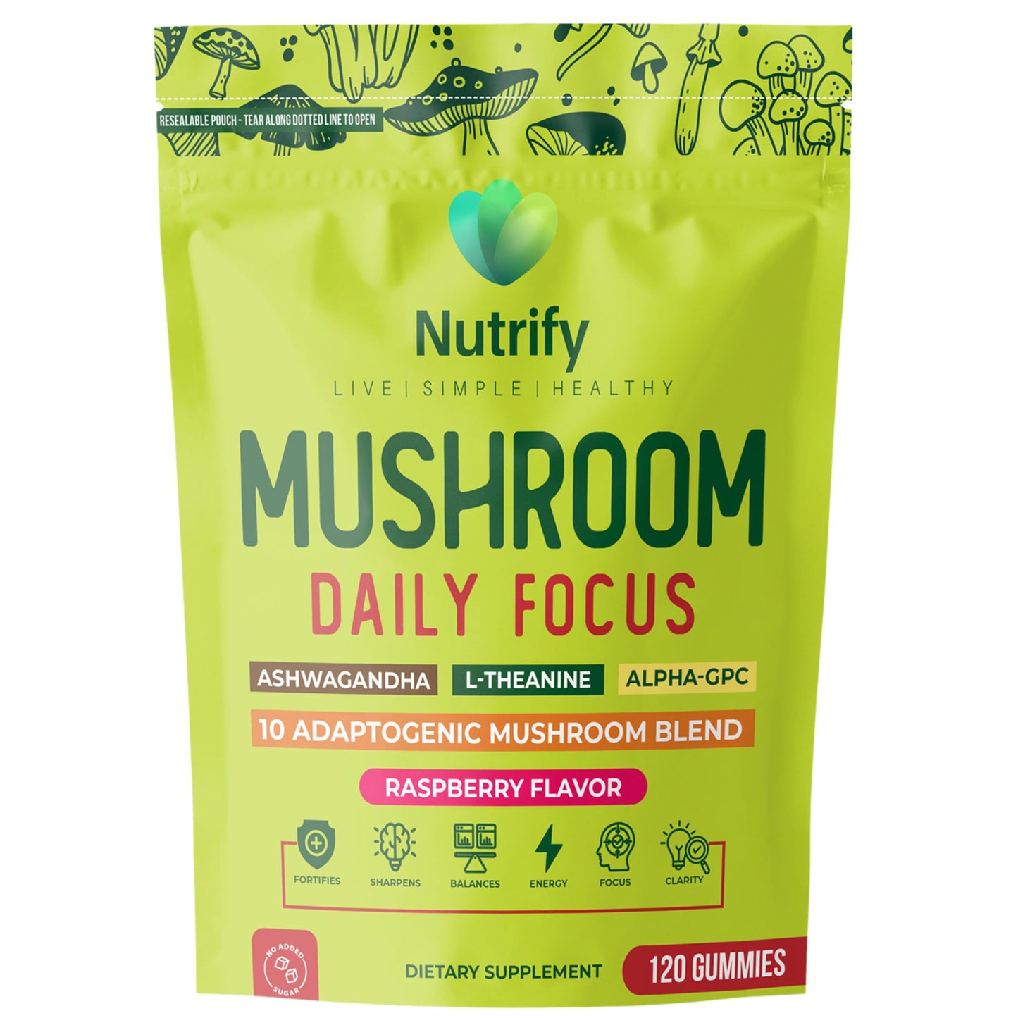 Nutrify Mushroom Gummies Immune Support & Brain Performance Resilience & Memory Boost with Reishi, Cordyceps, Turkey Tail, Maitake, Shiitake & Chaga Raspberry Flavor Vegan & Sugar Free, 120 Gummies
