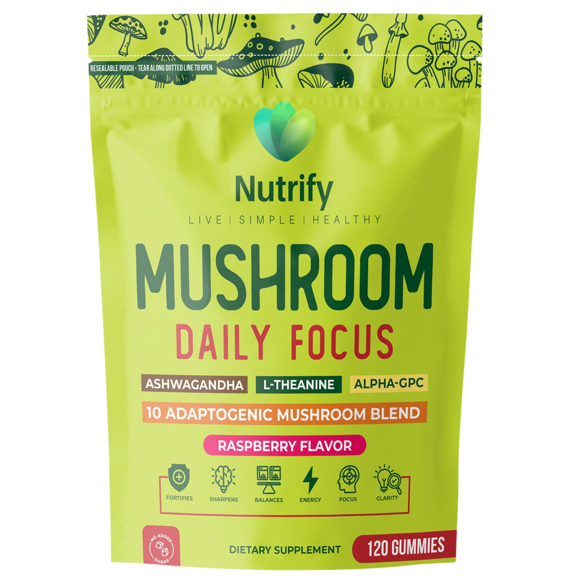 Nutrify Mushroom Gummies Immune Support & Brain Performance Resilience & Memory Boost with Reishi, Cordyceps, Turkey Tail, Maitake, Shiitake & Chaga Raspberry Flavor Vegan & Sugar Free, 120 Gummies