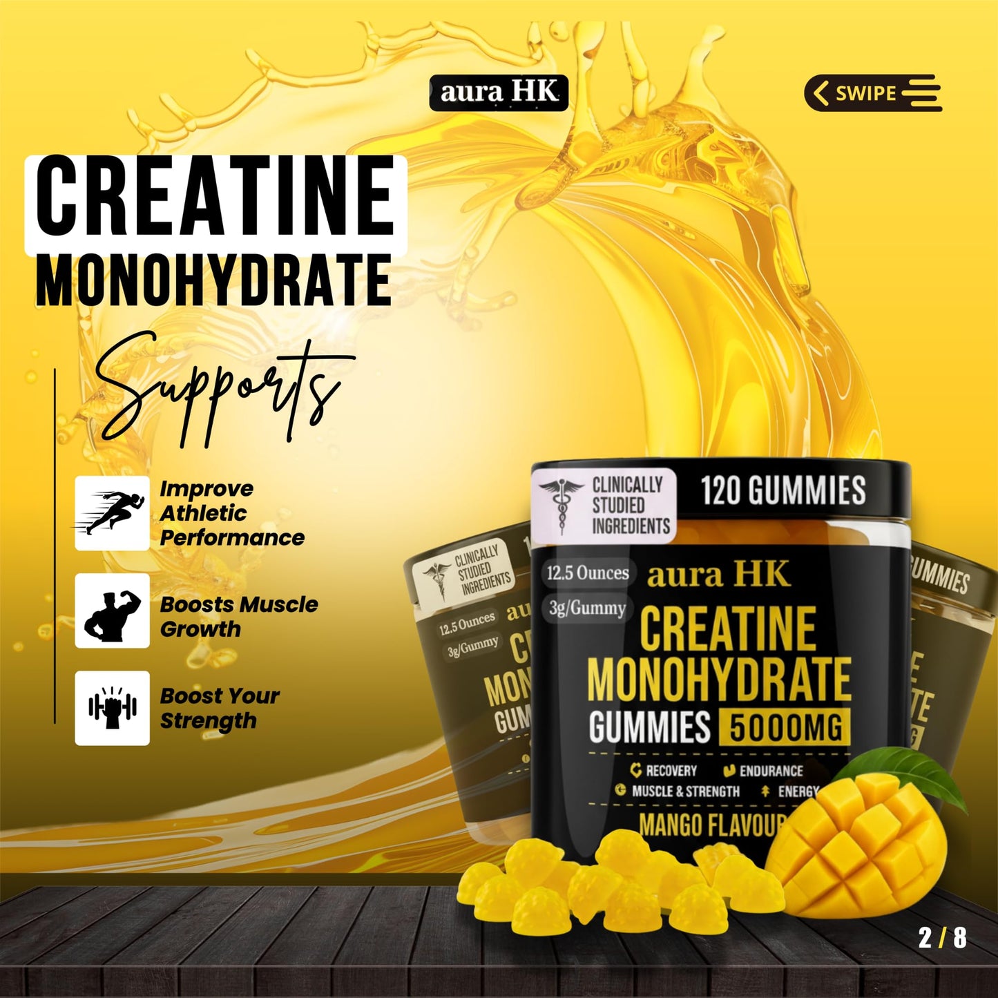 aura HK Sugar Free Creatine Monohydrate Gummies, Mango Flavor, 5g per serving, Vegan, 120 Gummies