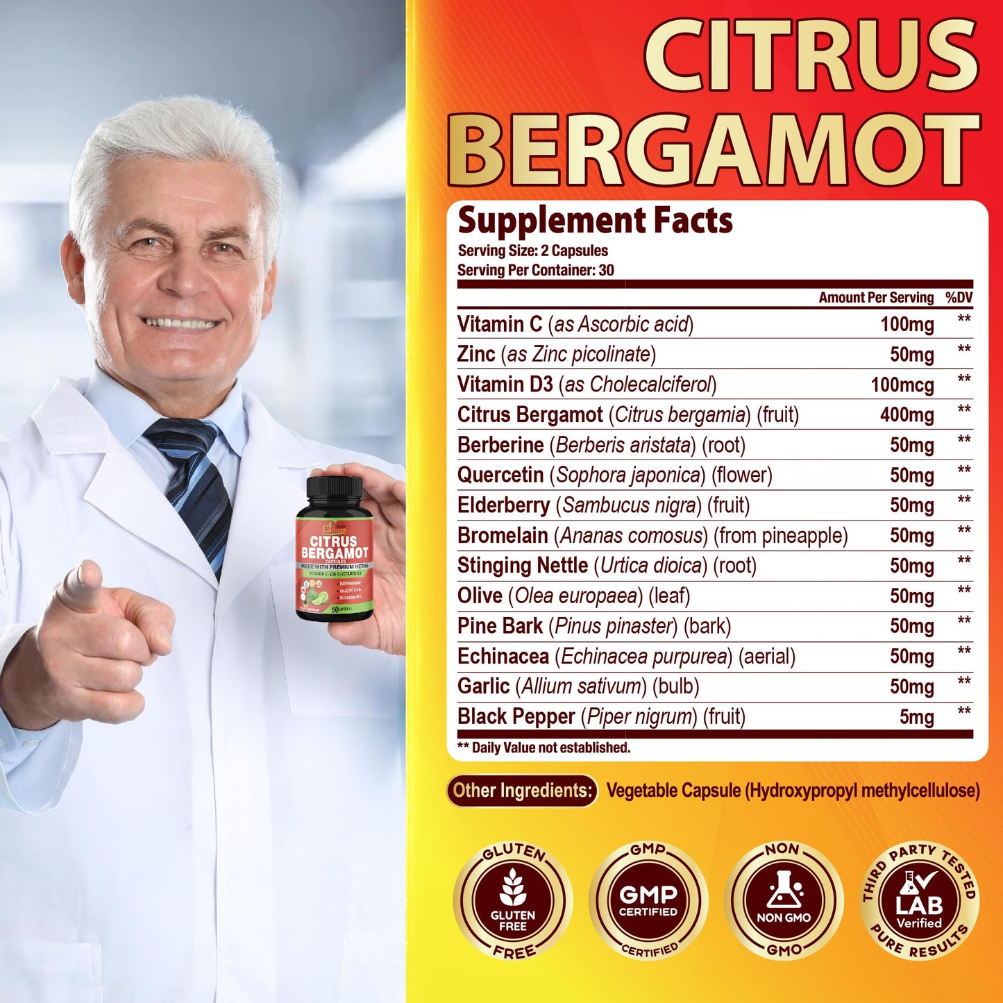 Organic Cadane Citrus Bergamot Extract Capsules 60 Count