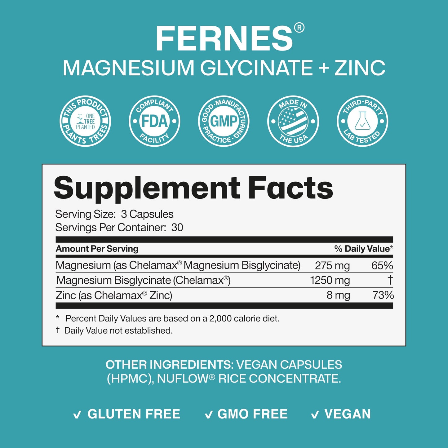 Fernes Magnesium Glycinate 1250mg with Zinc Capsules, 90 Capsules