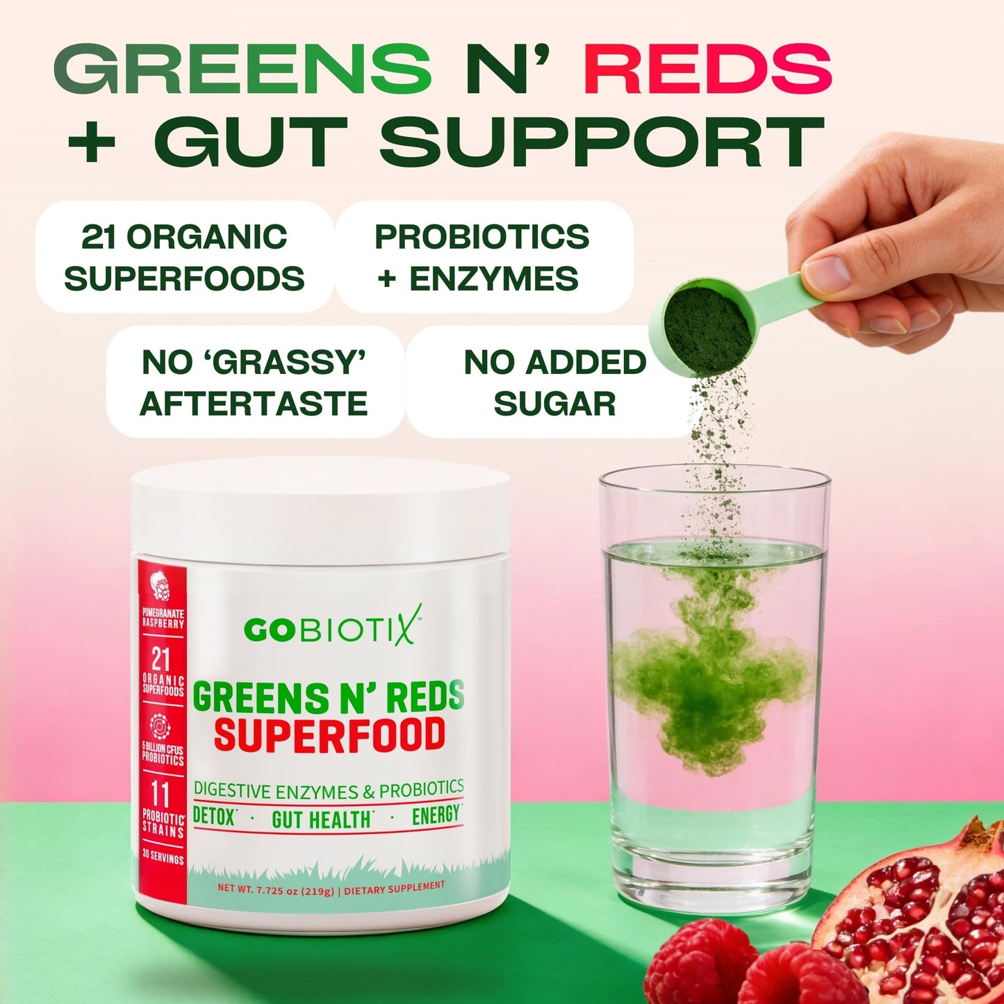 GOBIOTIX Super Greens Powder 2-Pack, Pomegranate Raspberry