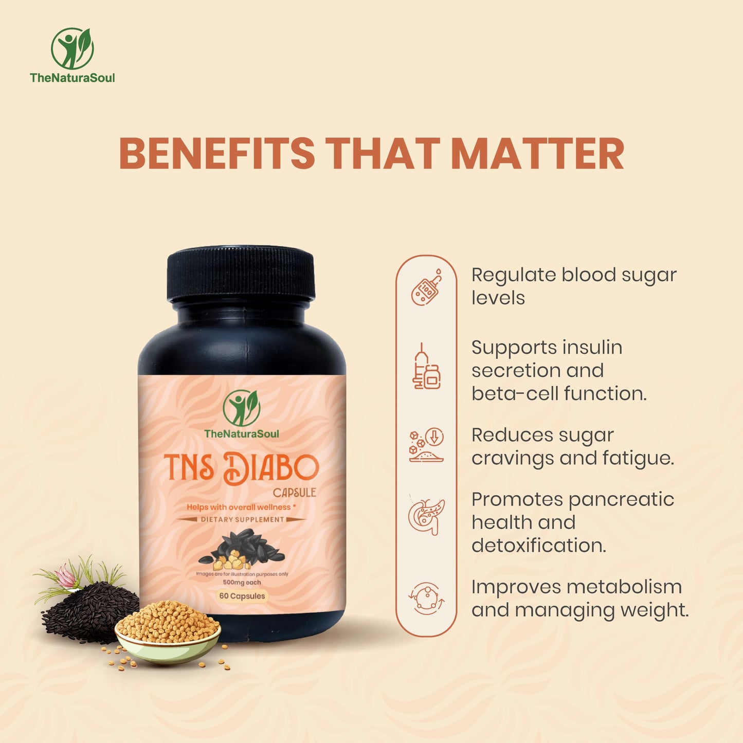 TheNaturaSoul TNS Diabo Herbal with Black Cumin & Fenugreek Seed Extract Capsules, 60 Capsules