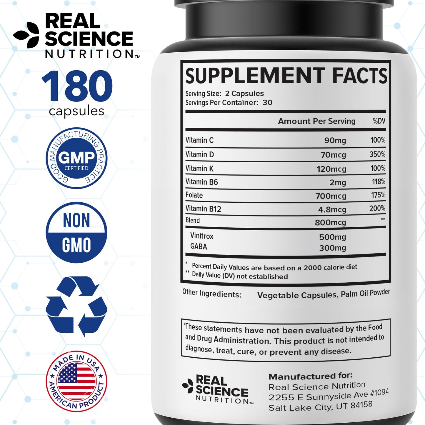 Real Science Nutrition Pulmonary Miracle COPD Relief and Lung Detox Capsules with Vinitrox & GABA, Lung Support Supplement, 180 Capsules