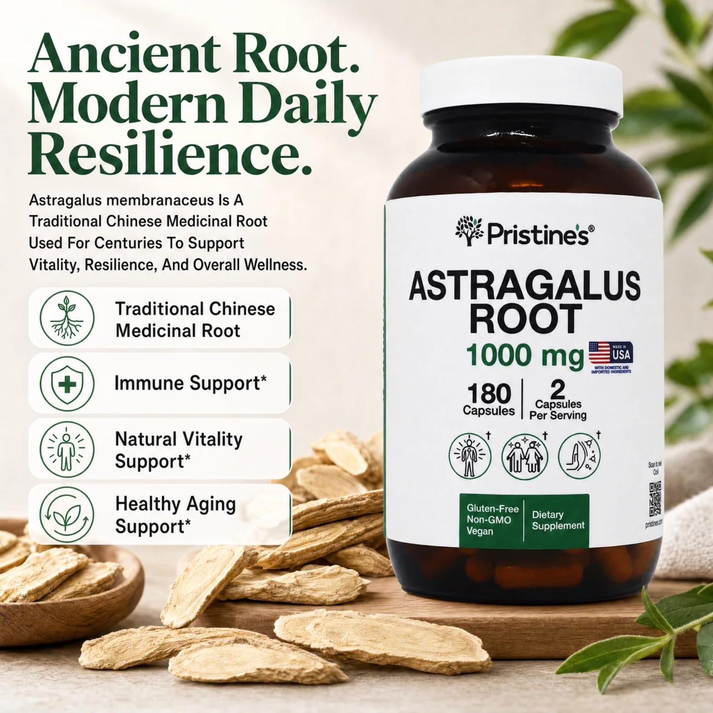 PRISTINE'S Astragalus Root Supplement Capsule 180 Count