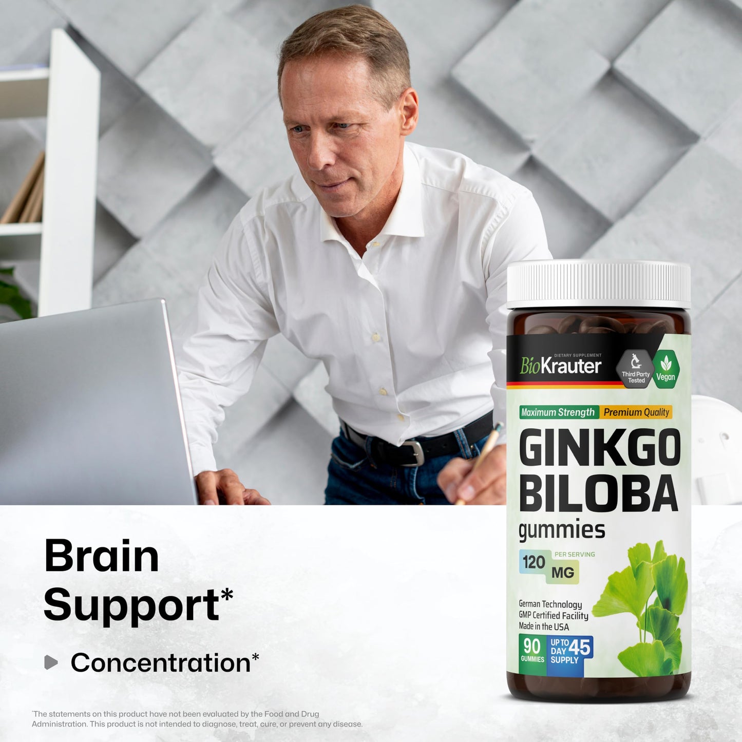 BIO KRAUTER Ginkgo Biloba Gummies for Brain Support, 90 Count