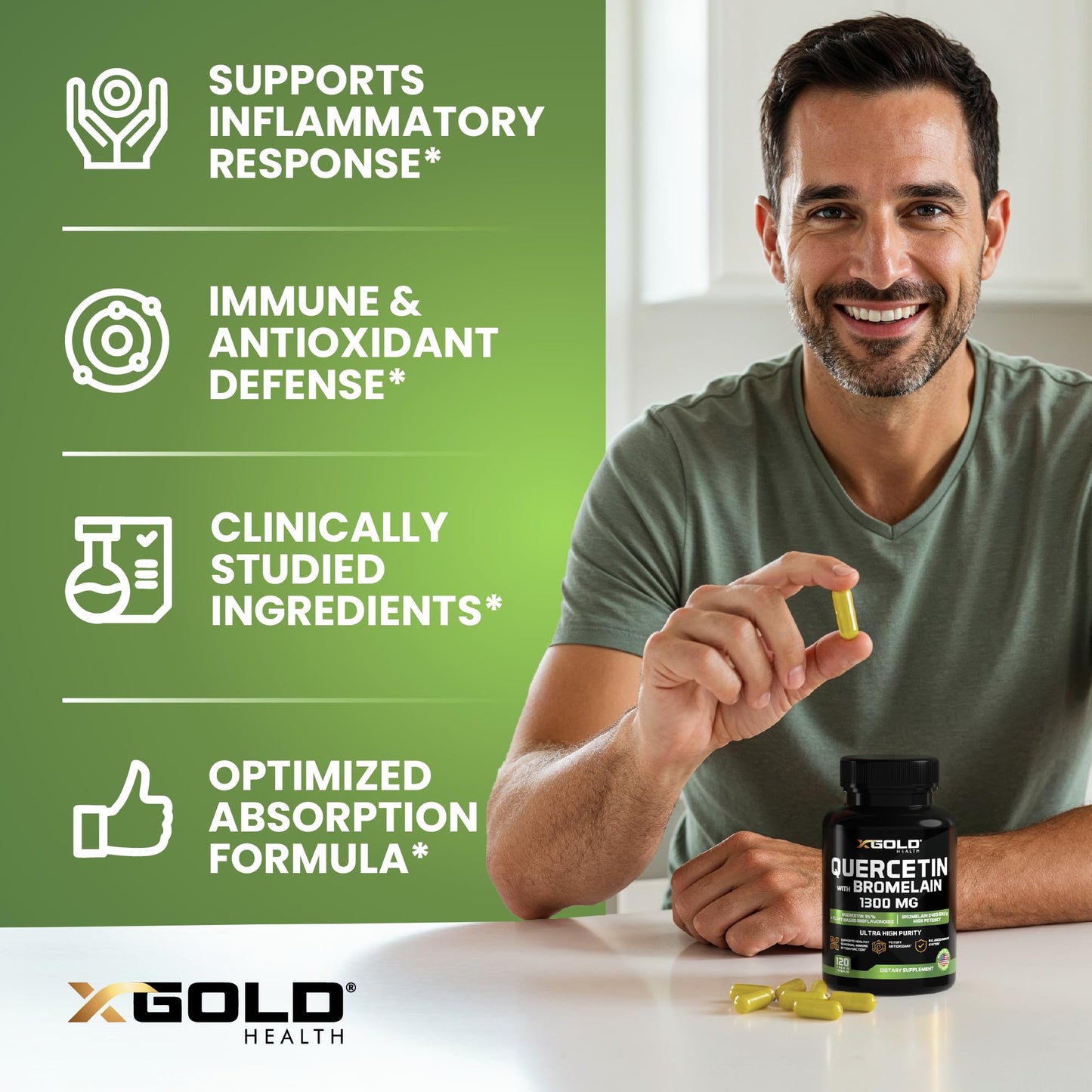 X Gold Health Quercetin + Bromelain 1,300mg, 95% Quercetin, Highly Purified & Highly Bioavailable Plus Bromelain 2,400 GDU/g Made in USA, 120 Capsules