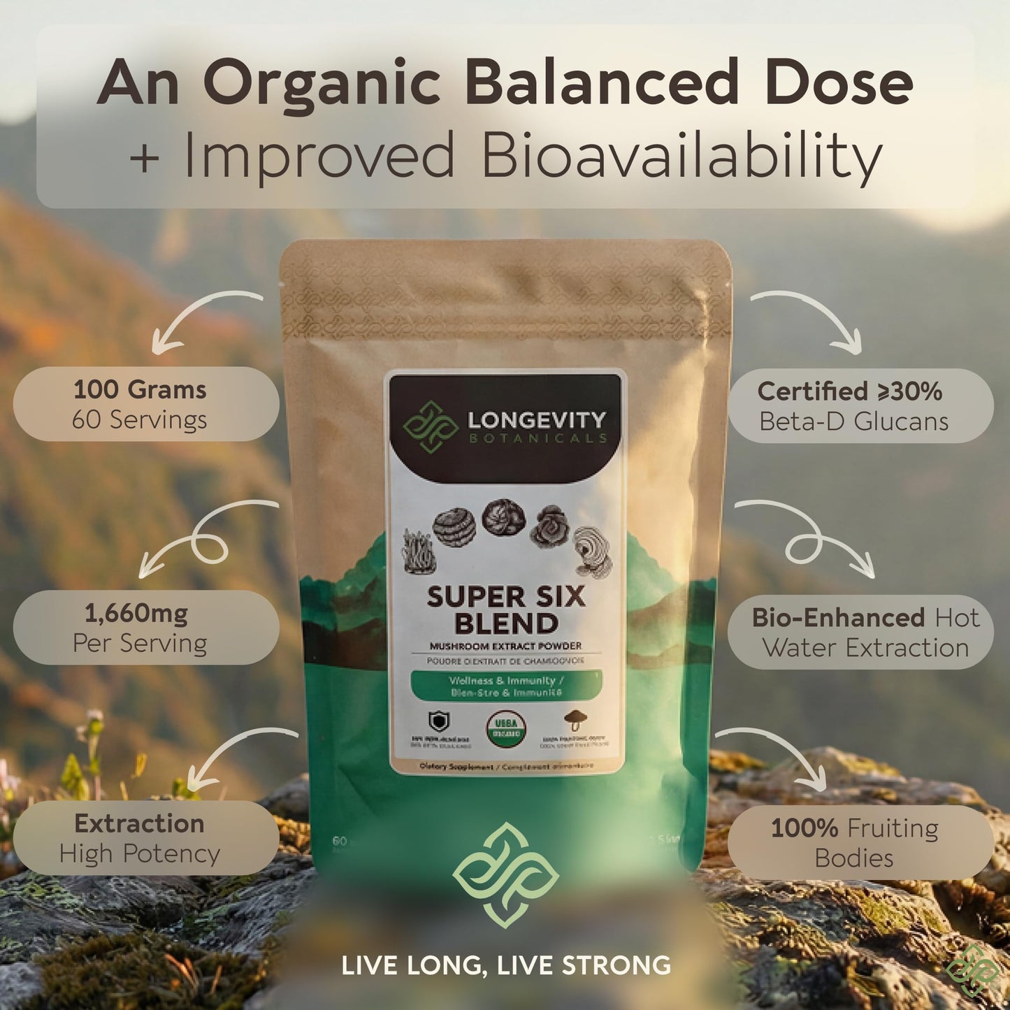 Longevity Botanicals Organic Super Six Mushroom Powder Extract 3.5 Ounce