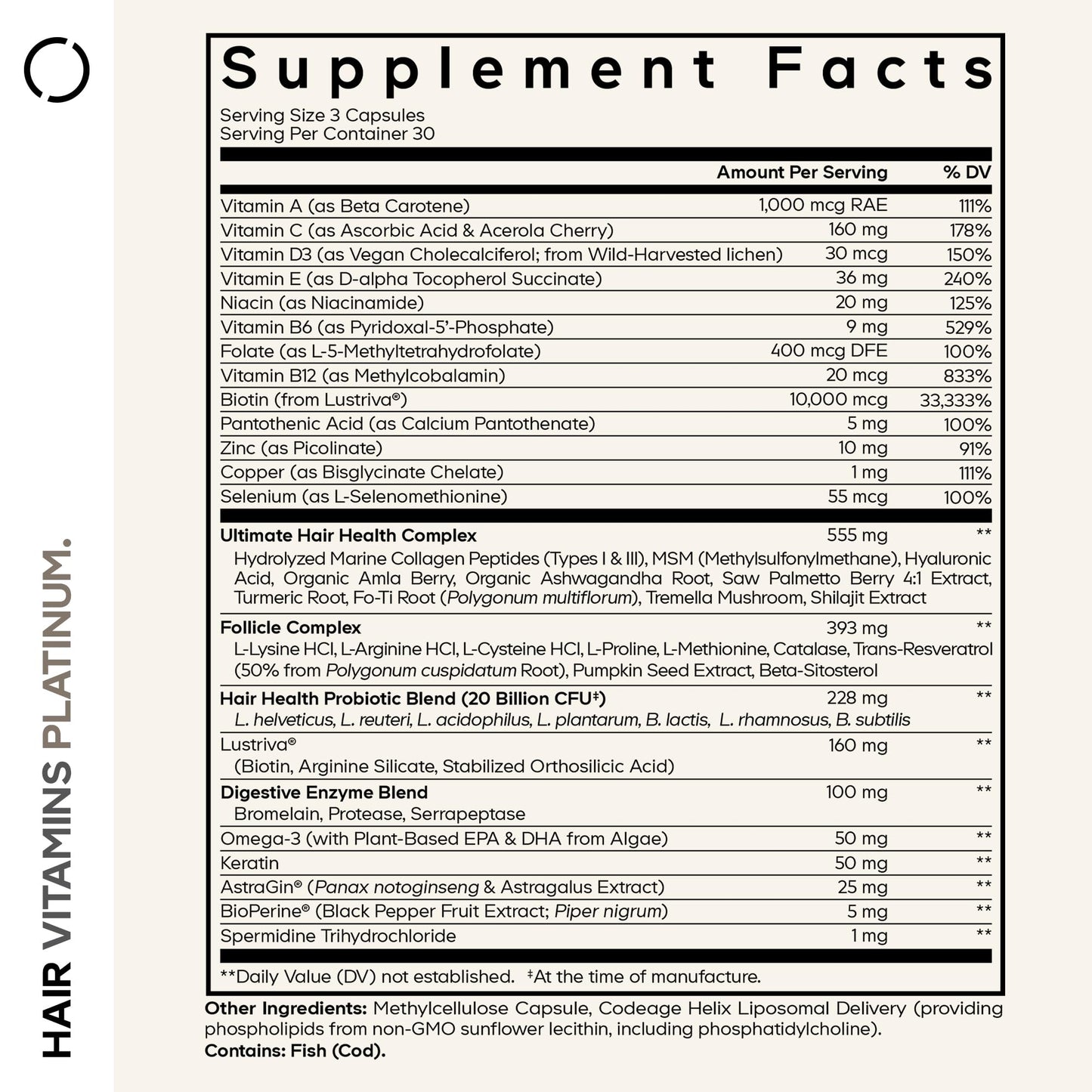 Codeage Hair Vitamins Platinum - Lustriva Hair Growth Support Capsules, 90 Count