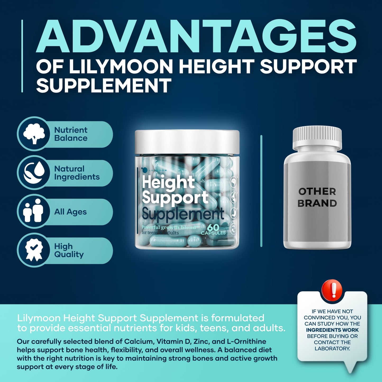 LM LILYNUTRAMOON Height & Bone Support Supplement for Kids & Teens with Calcium, 60 Capsules