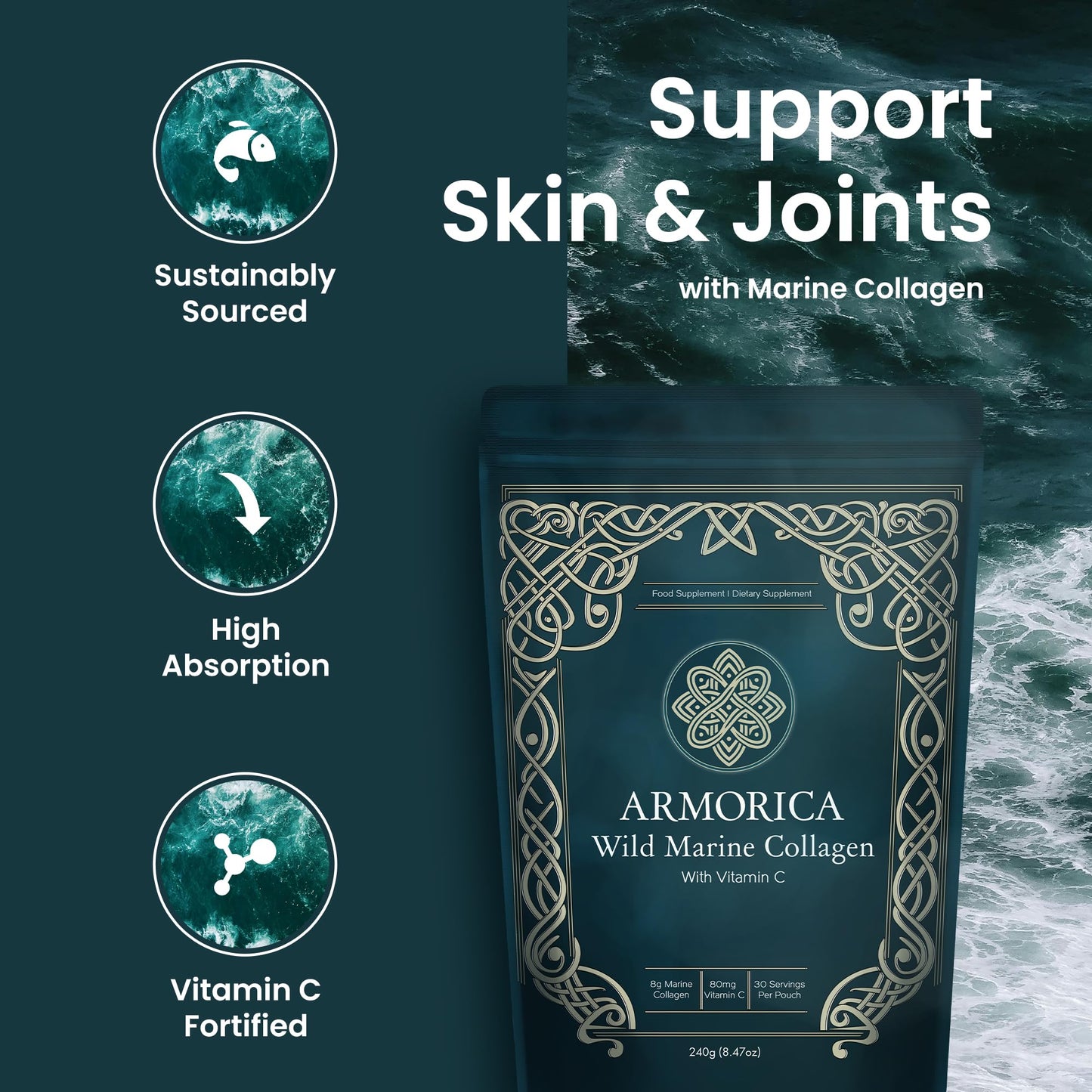 ARMORICA Marine Collagen Powder with Vitamin C – Hydrolyzed for Optimal Absorption, 240g
