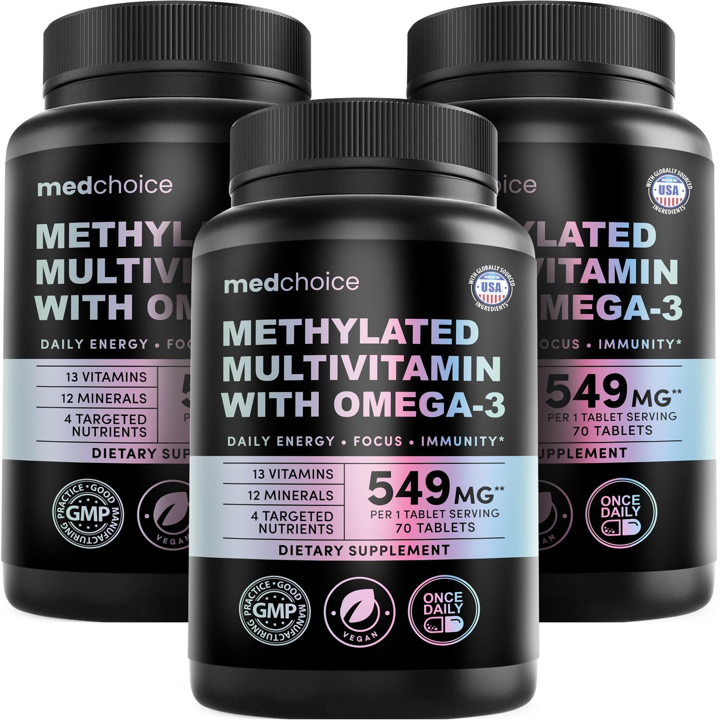 MEDCHOICE Complete 29-in-1 Methylated Multivitamin for Men & Women with Omega-3, Once Daily, 13 Vitamins, 12 Minerals, 4 Targeted Nutrients, Active B12, 5-MTHF Folate, P5P B6, Vegan, 70 Servings (3-Pack), 210 Tablets