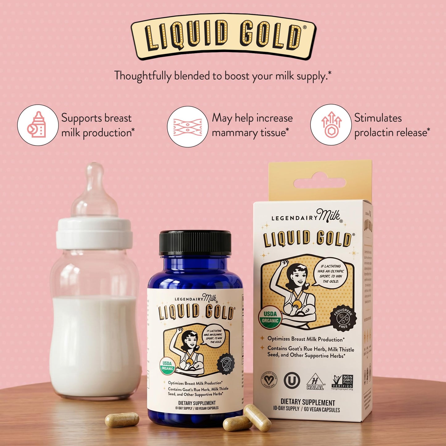 Legendairy Milk Liquid Gold Organic Lactation Support Capsules, 60 Count