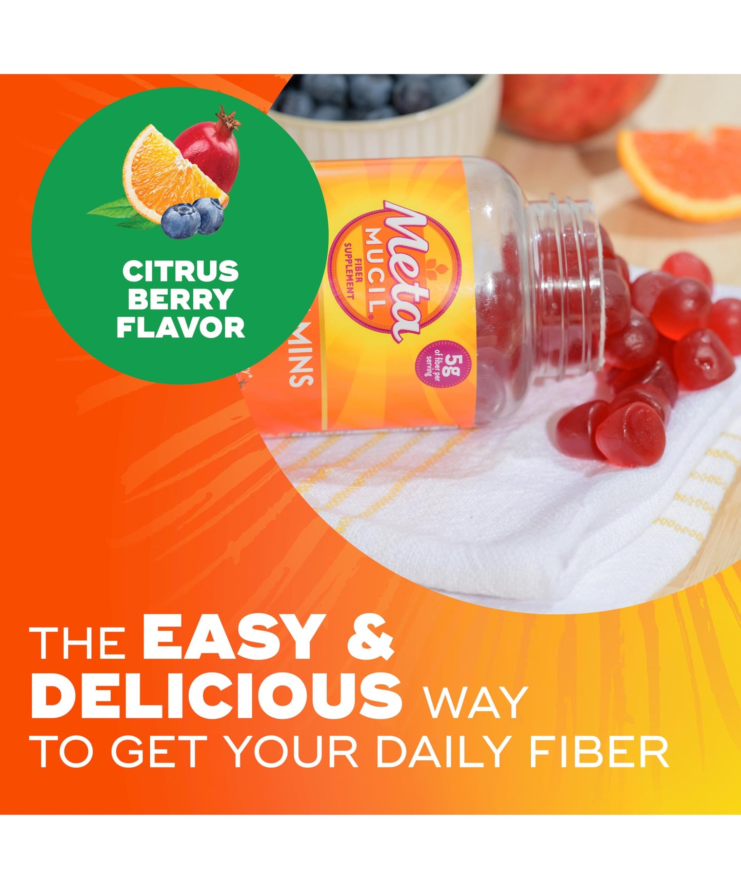 Metamucil Fiber Gummies for Adults with Vitamins C, D, B12 for Metabolism, No Sugar Added Citrus Berry Flavor, 5g Plant Based Prebiotic Fiber Supplement Blend, 120 Gummies