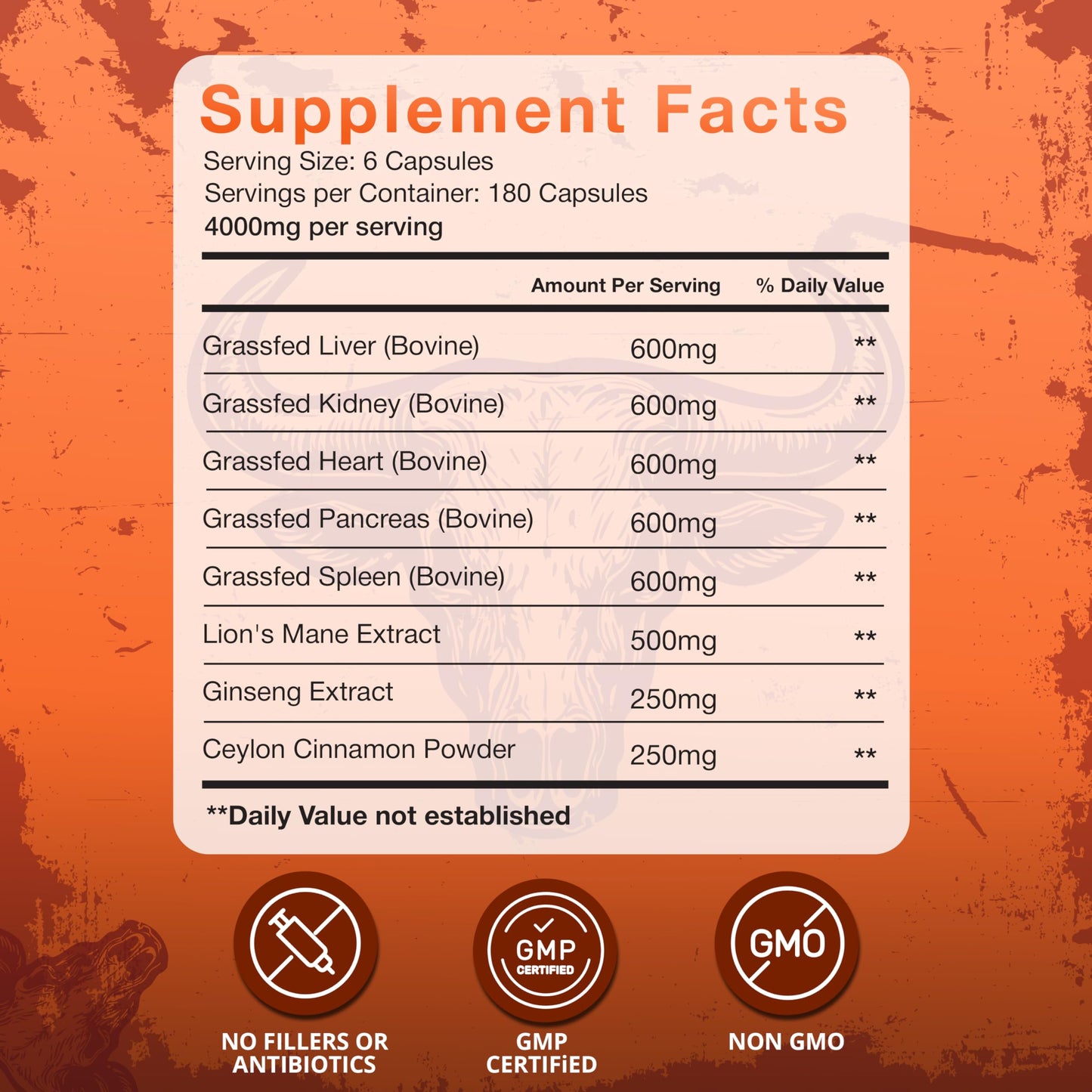 Ancient Diosa Grass Fed Beef Organ Complex 4000mg Supplement for Men & Women with Lion's Mane & Ceylon Cinnamon - Energy, Immunity & Focus - Pasture Raised, Third Party Tested & USA Made - 180 Capsules