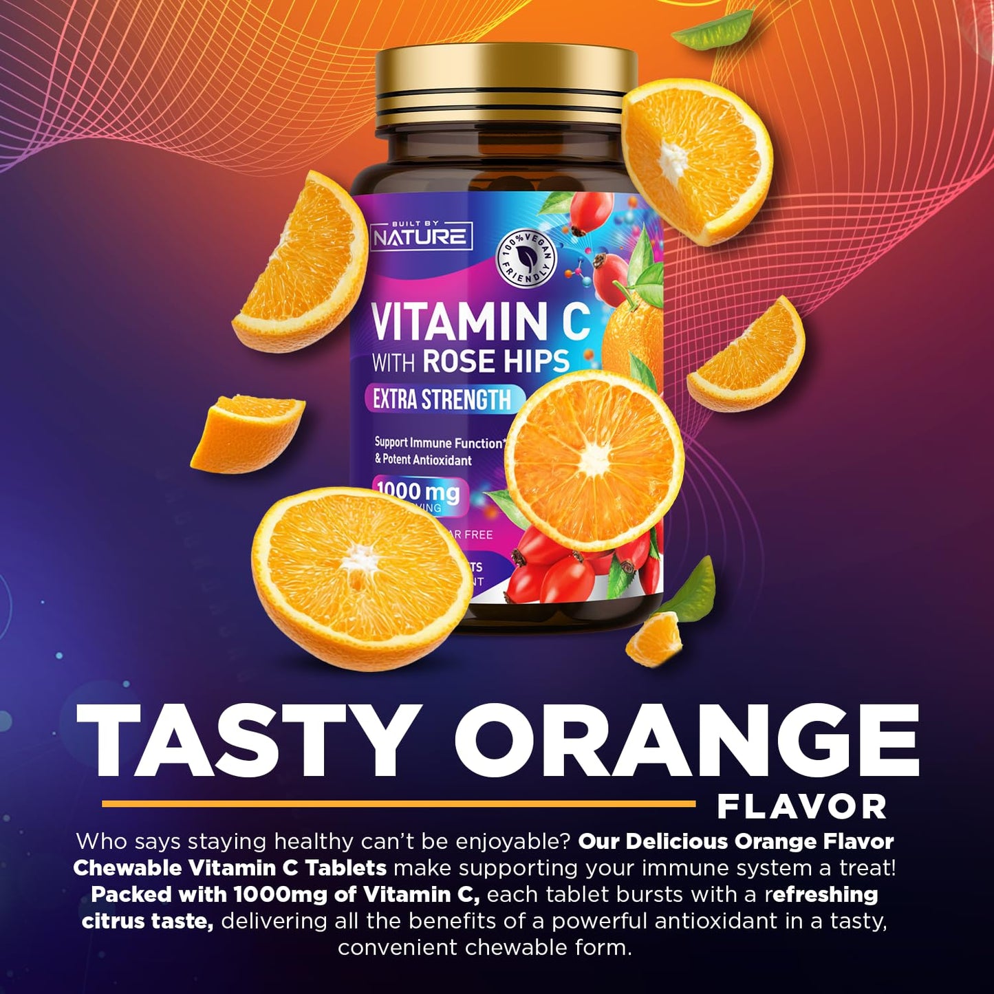 Built by Nature Vitamin C with Rose Hips 1000mg Chewable, 60 Tablets