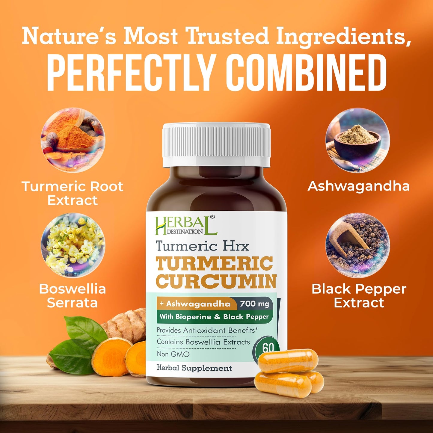Herbal Destination Turmeric Curcumin with Boswellia & Ashwagandha Capsules, 60 Capsules